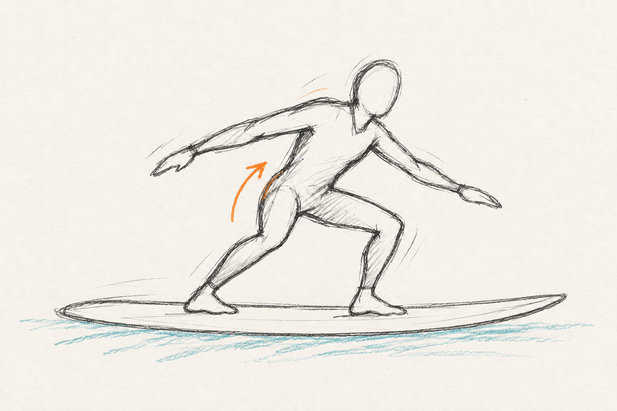 Surfeur dessiné au crayon terminant son take-off, genoux fléchis et bras ouverts pour l'équilibre.