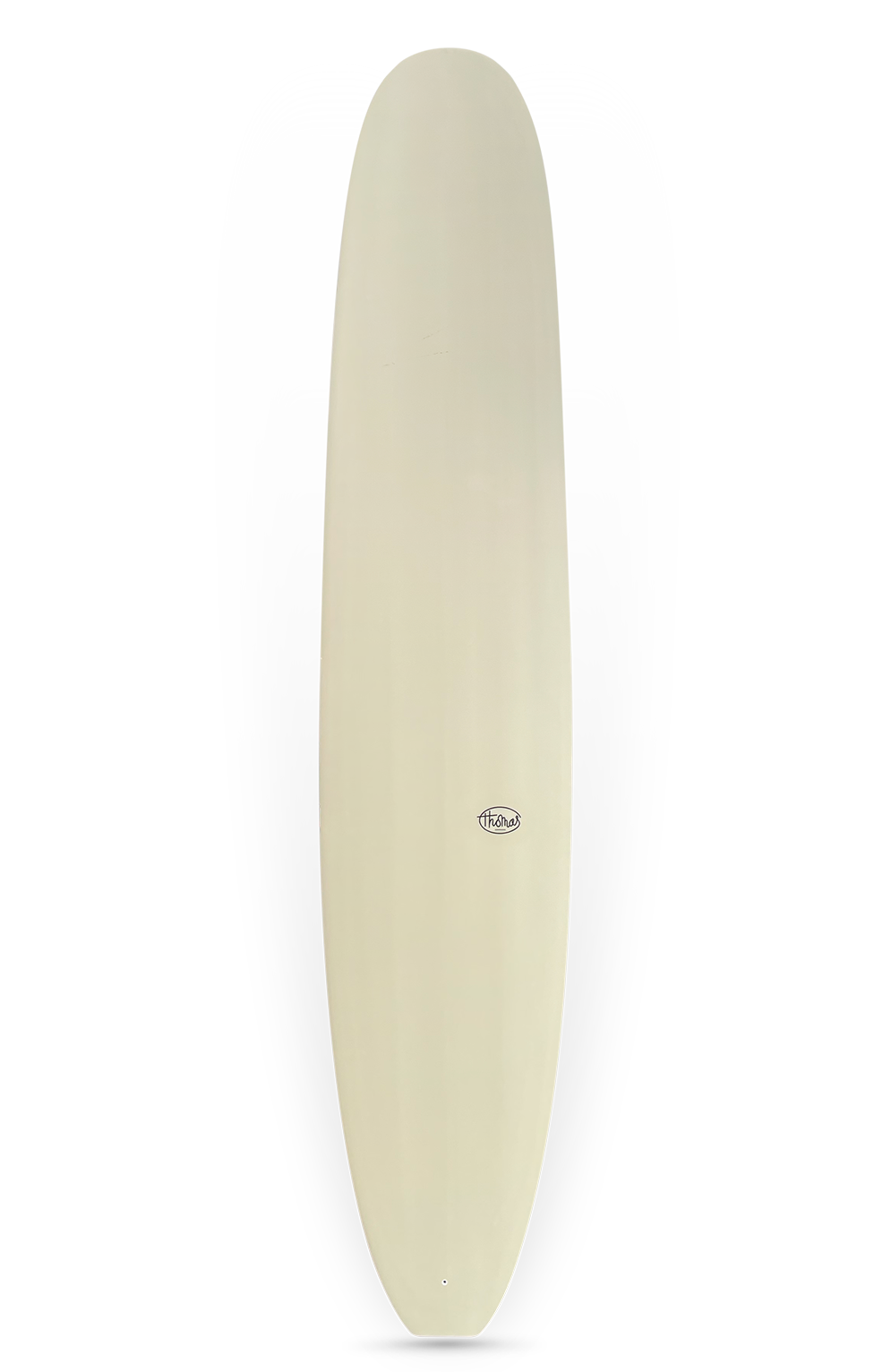 Shapers-Club- La planche de surf Keeper 2, mesurant 9'4" x 22' 7/8" x 2' 7/8", se dresse sur un fond gris dégradé, mettant en valeur son élégance beige et son logo central avec un design en tourbillon. -surfshop-surfboard