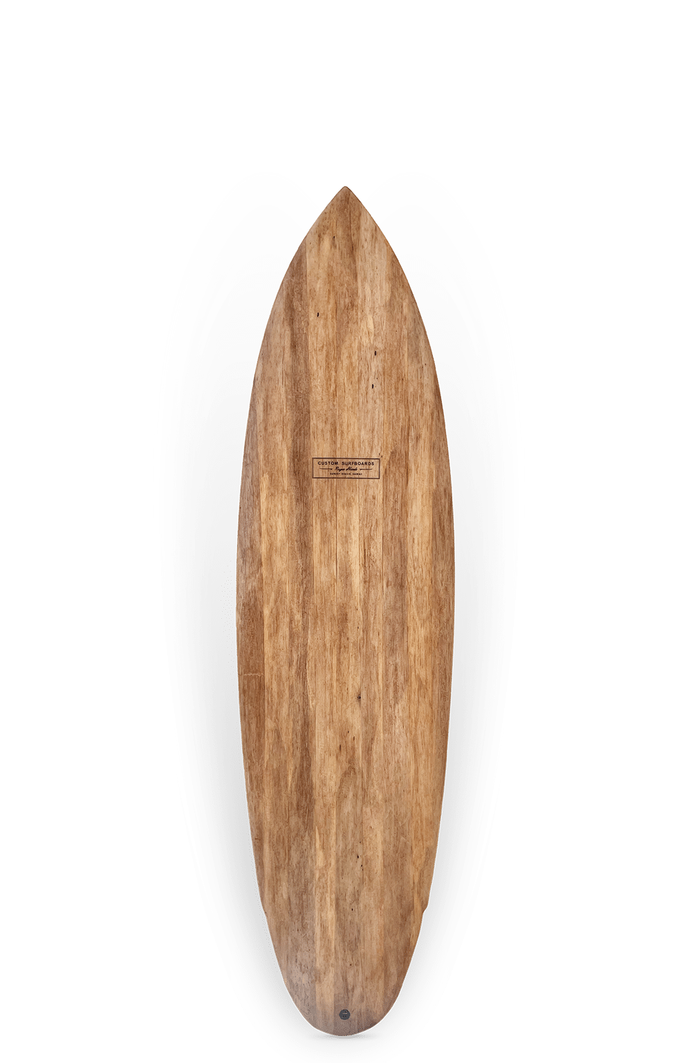 Shapers-Club- Un skimboard en bois de 6'9" x 21 1/2" x 2 3/4", The Masters - Agave Epoxy Bio, présentant un motif de grain naturel et des extrémités effilées, est placé sur un fond neutre. -surfshop-surfboard