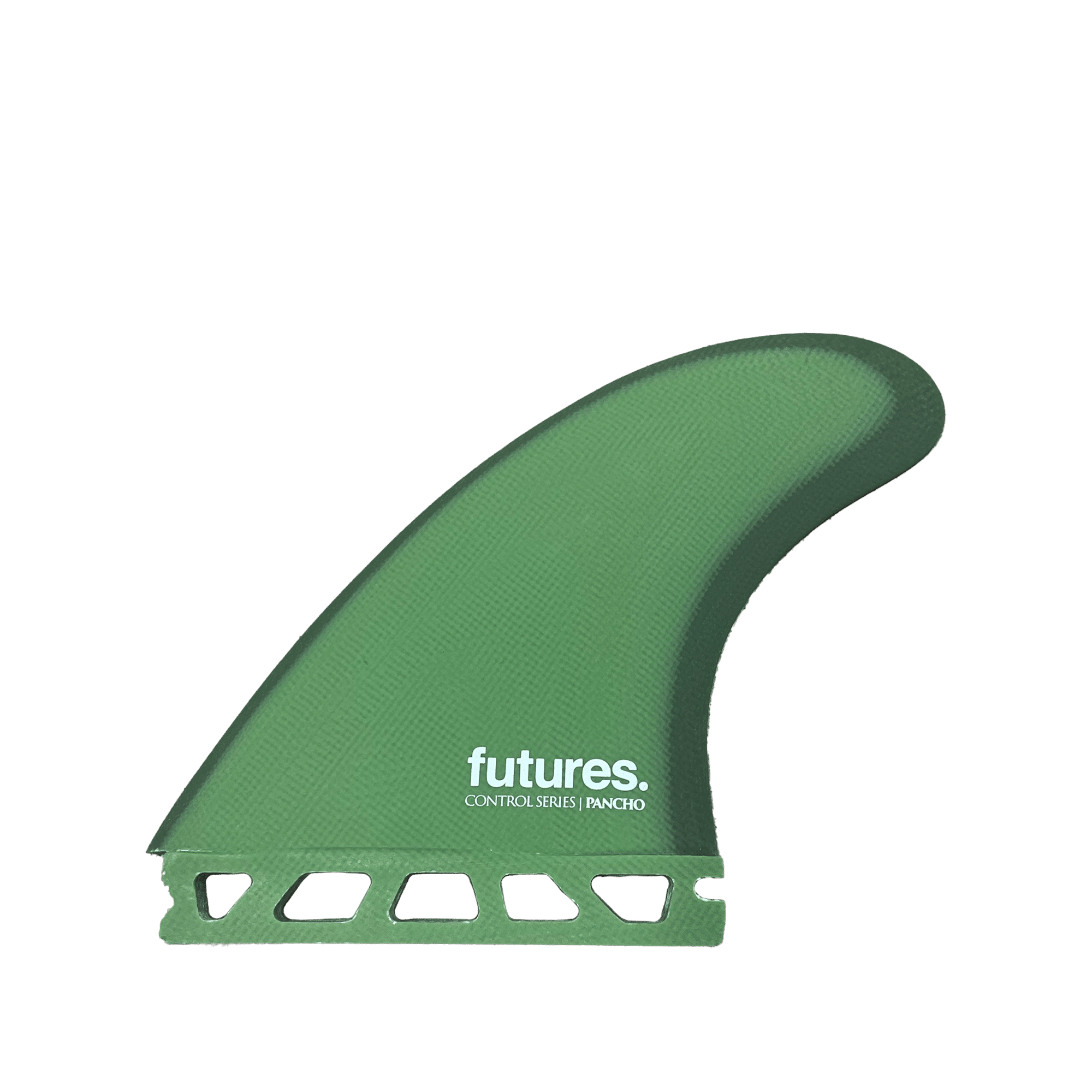 Shapers-Club- Un aileron de planche de surf vert Futures - Pancho Control Series - Thruster est présenté sur un fond vert uni. L'aileron présente une légère courbe et une conception de base complexe pour l'installation. Le nom de la marque « futures » et les détails du modèle sont imprimés sur l'aileron. -surfshop-surfboard