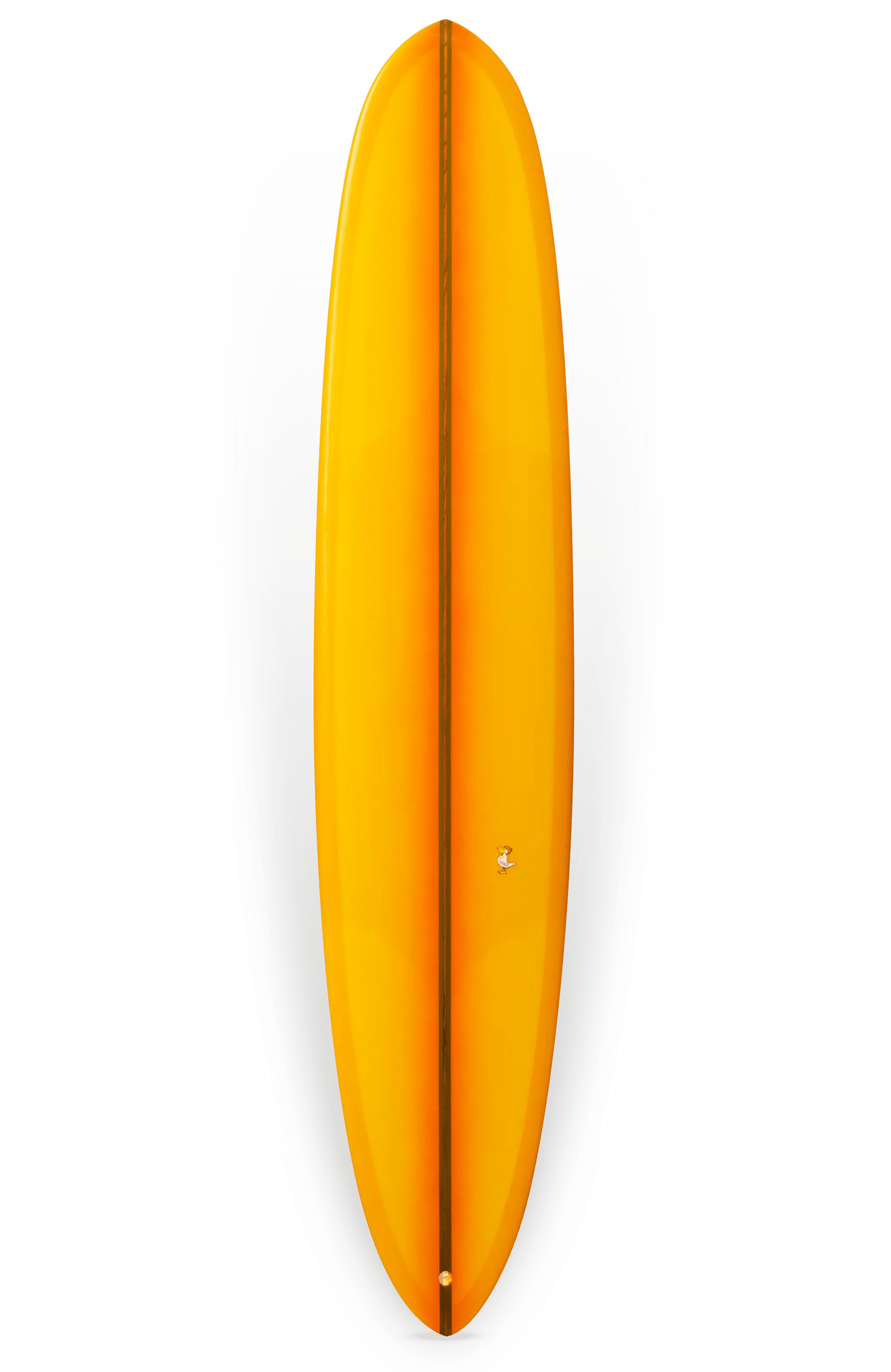Shapers-Club- Une planche de surf jaune vif avec une forme élégante et profilée sur fond blanc. La Barrett Miller - The Personnal 9'7" x 23" x 3' 1/4" présente une finition brillante, un nez pointu et une queue arrondie pour des performances optimales dans les vagues. Ses dimensions sont parfaites pour vos aventures de surf personnelles. -surfshop-surfboard