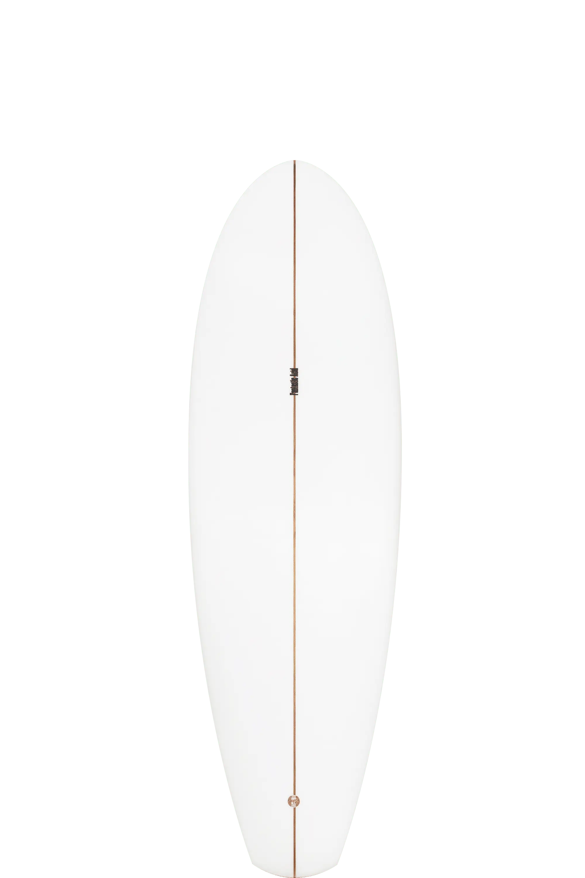 Shapers-Club- Une planche de surf Stubby de 6'0" en blanc présente une bande verticale marron au milieu, positionnée à la verticale sur un fond uni. -surfshop-surfboard