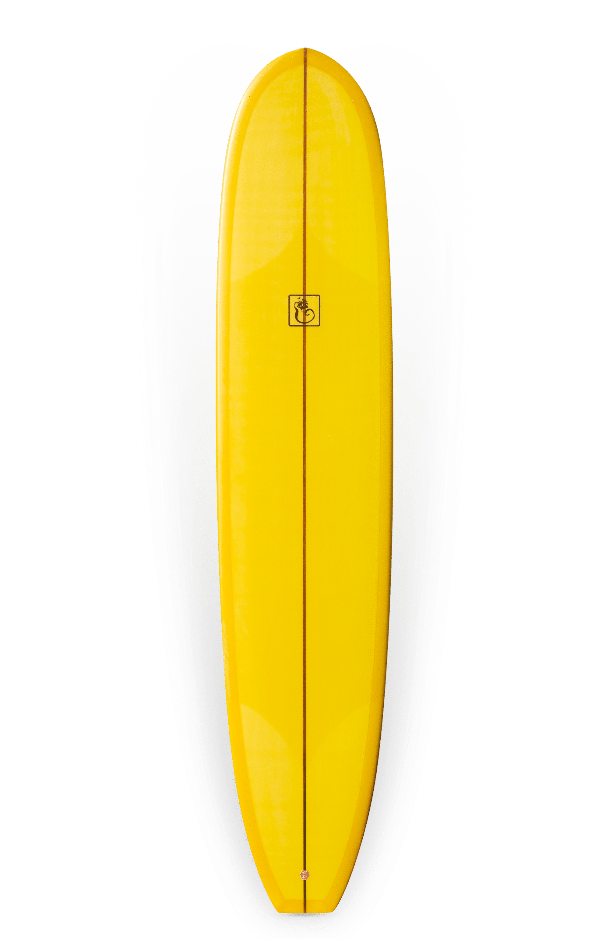 Shapers-Club- La planche de surf Beau Young - Pendulum 9'1" x 22' 5/8" x 2' 5/8" est une planche de surf jaune vif avec une forme élégante et profilée. Elle présente une finition brillante et un logo noir centré avec un design abstrait. La vue de dessous de la planche met en valeur sa forme longue et effilée, la rendant idéale pour une glisse en douceur sur les vagues comme un pendule. -surfshop-surfboard