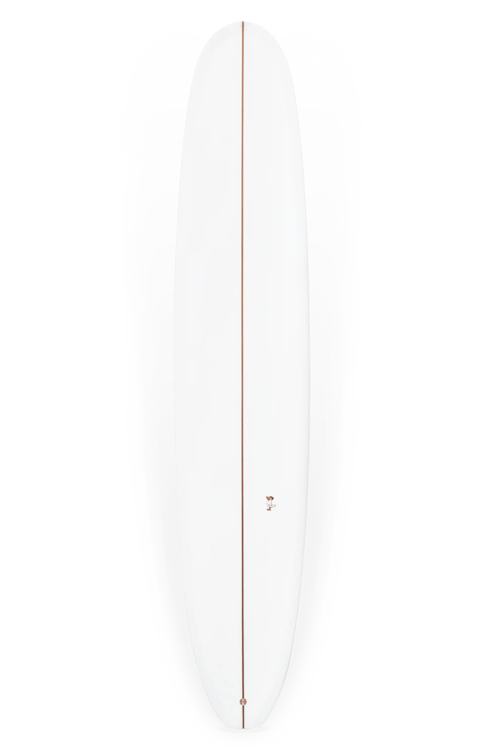 Shapers-Club- La planche de surf Barrett Miller - Springfield est présentée verticalement sur un fond blanc uni. Elle présente un design épuré et minimaliste avec un seul longeron marron qui descend au centre. Mesurant 9'5" x 22' 7/8" x 2' 3/4", la planche de surf se rétrécit jusqu'aux extrémités arrondies au niveau du nez et de la queue. -surfshop-surfboard