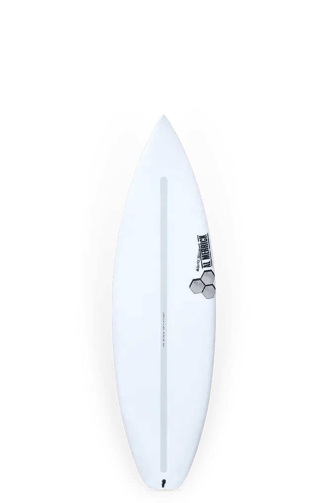 Shapers-Club- La planche de surf Dumpster Diver 2 (6'0", 36,7L, EPS + Spine-tek) présente une pointe blanche avec trois motifs hexagonaux près du coin supérieur droit, une étroite bande centrale verticale et un fond gris dégradé pour souligner son design élégant. -surfshop-surfboard
