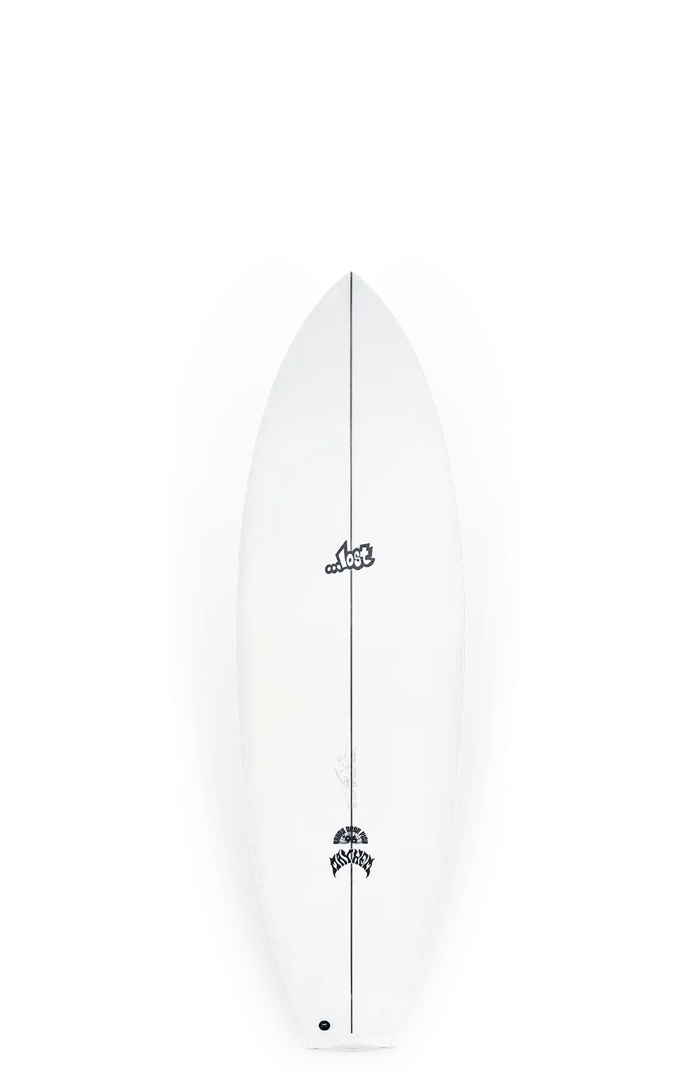 Shapers-Club- La planche de surf Round Nose Fish 1996, mesurant 5'6" x 19 3/4" x 2 3/8" avec un volume de 29,5 litres, présente une surface blanche ornée d'un logo noir sur la moitié supérieure et d'un autre près du bas. Son design classique comprend une pointe pointue et une queue légèrement concave, magnifiquement accentuée par son fond dégradé uni. -surfshop-surfboard