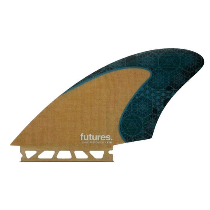 Shapers-Club- Aileron de planche de surf à dominante beige avec une pointe à motifs bleus, marqué « Futures » et « TWIN FIN KEE11 » imprimé en blanc près de la base de son motif découpé. La construction Futures - Dave Rastovich Keel Jute Honey Comb est inspirée de Dave Rastovich et promet des performances améliorées. -surfshop-surfboard