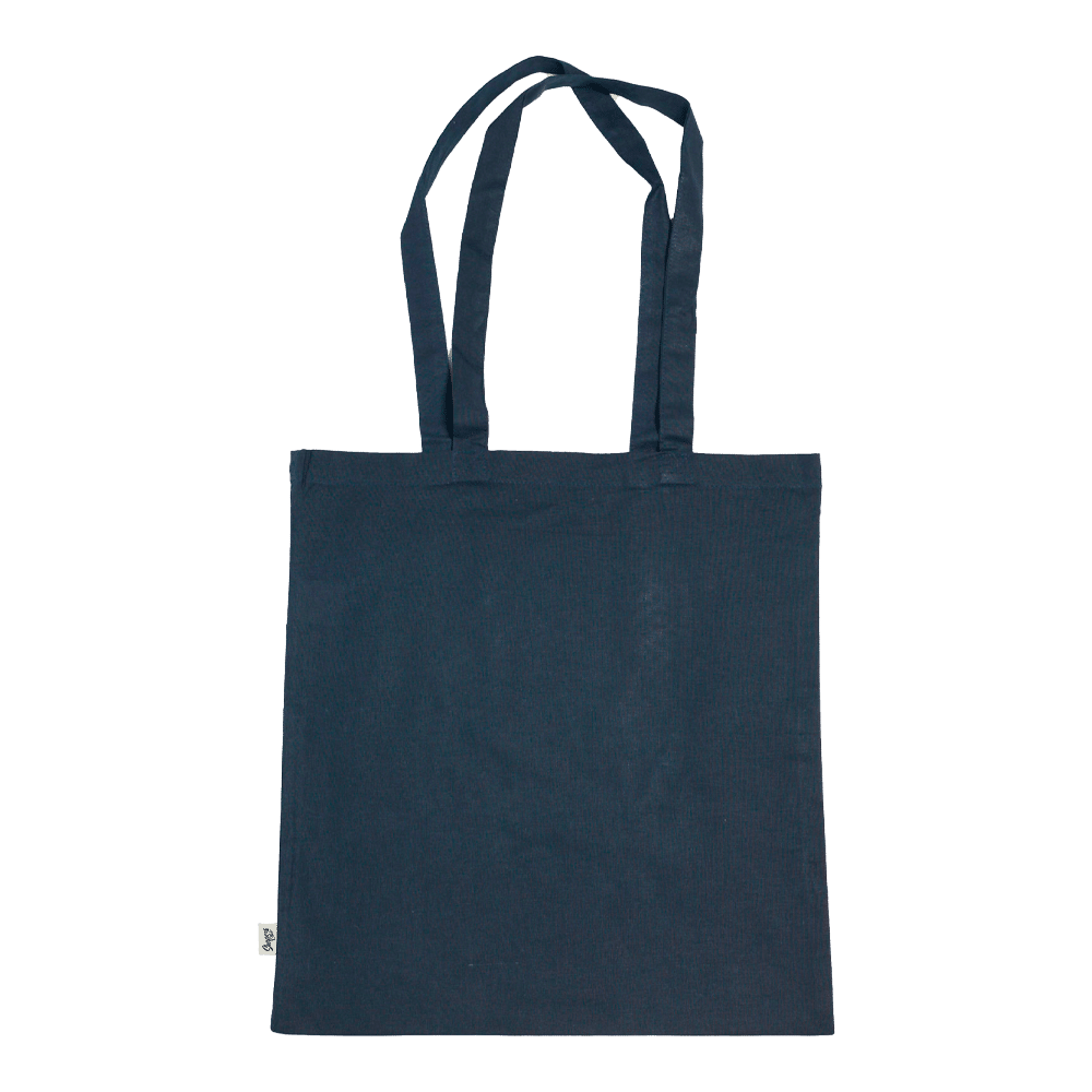 Shapers-Club- Le TOTE BAG - GOOD VIBES ONLY, un sac fourre-tout uni bleu foncé, repose sur un fond blanc et possède deux longues anses. -surfshop-surfboard