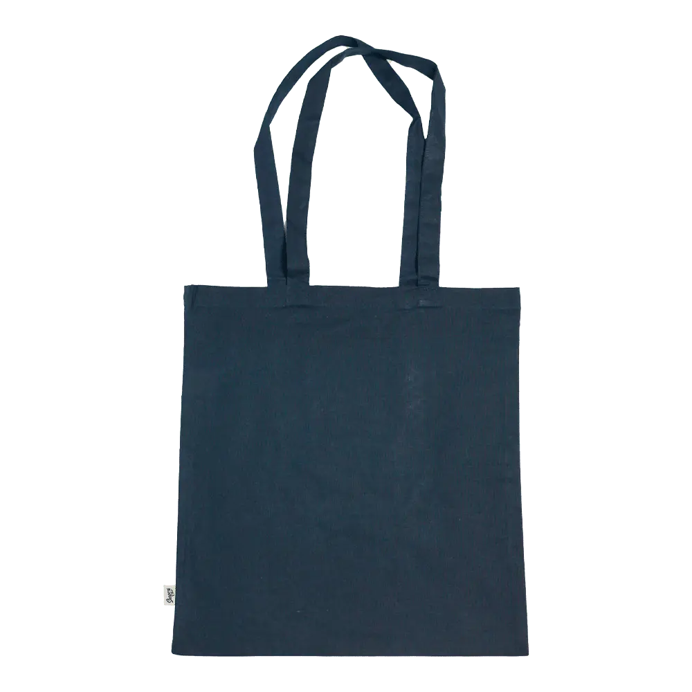 Shapers-Club- Le TOTE BAG - GOOD VIBES ONLY, un sac fourre-tout uni bleu foncé, repose sur un fond blanc et possède deux longues anses. -surfshop-surfboard