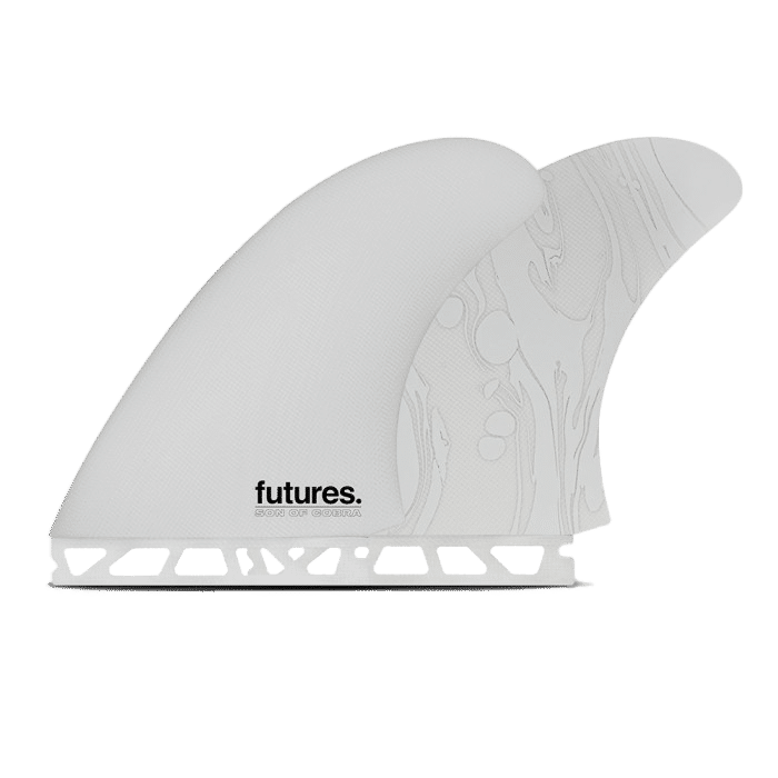 Shapers-Club- Le Futures - Son of Cobra Twin Gris est doté de deux ailerons de planche de surf blancs avec un motif texturé et marbré. Ces ailerons, fruit d'une collaboration entre Futures et la série Son of Cobra Twin, sont montés sur une base avec des sections découpées pour améliorer la flexibilité et réduire le poids. Le logo Futures noir est imprimé sur l'un des ailerons. -surfshop-surfboard