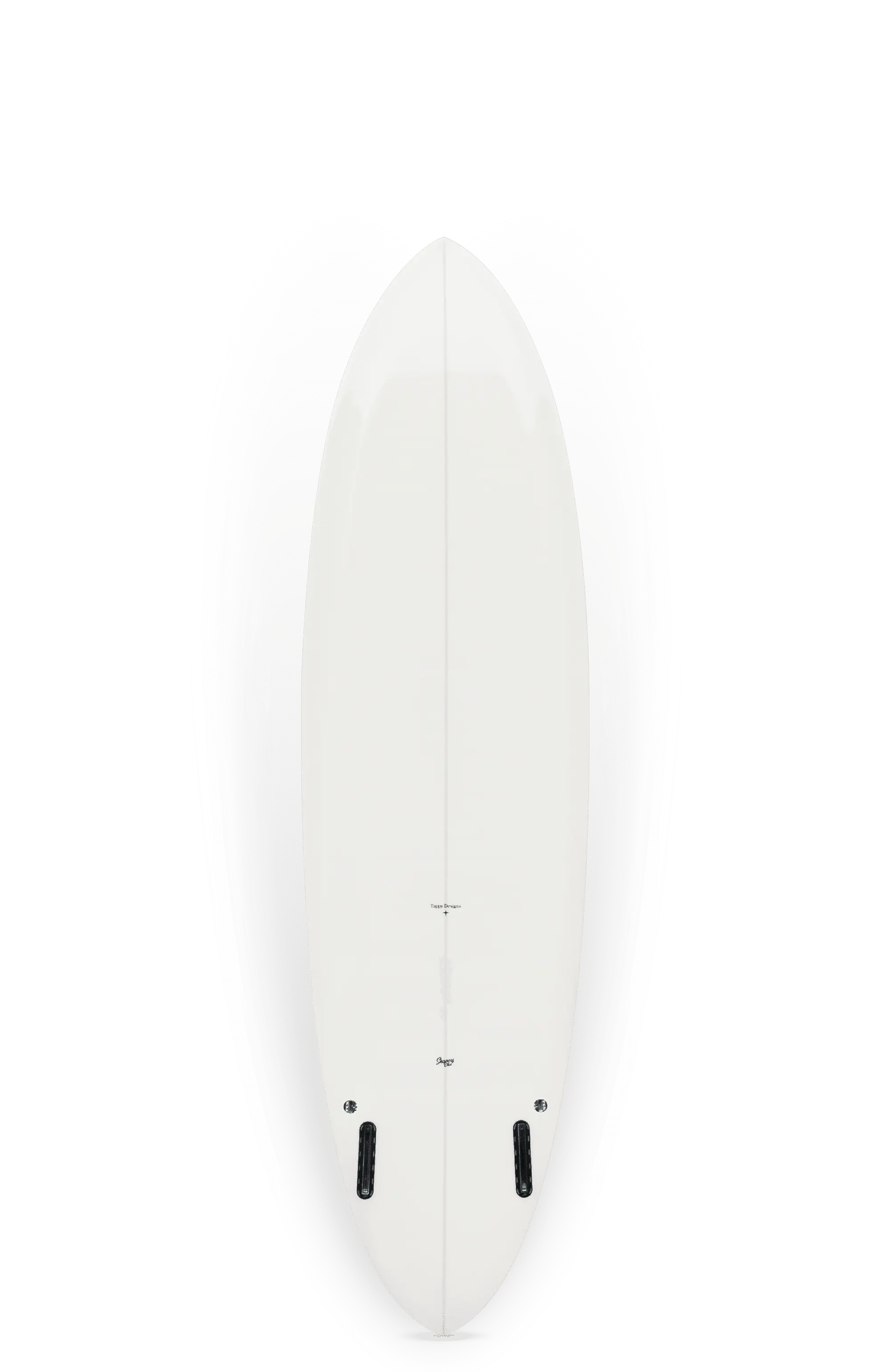 Shapers-Club- Une vue de dessus de la planche de surf Scream, blanche et isolée sur un fond blanc, met en valeur son design épuré. Mesurant 6'10" x 21' 1/2", elle est dotée de deux boîtiers d'ailerons noirs en bas, renforçant son allure sophistiquée. -surfshop-surfboard