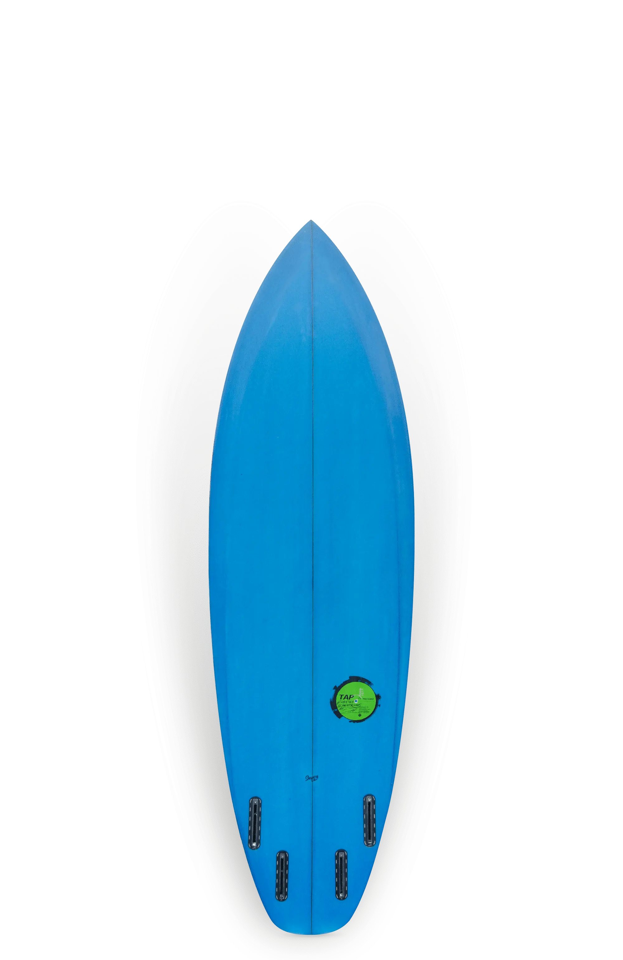 Shapers-Club- Vue de dessus de la planche de surf Scream, dotée de fentes d'ailerons noires et d'un logo vert près de la queue, mesurant 6'0" x 19' 1/2" x 2' 1/2", sur un fond blanc uni. -surfshop-surfboard