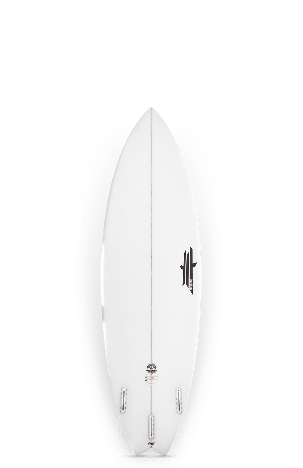 Shapers-Club- Vue aérienne d'une planche de surf Workbreaker blanche avec deux bandes noires près de la queue. Avec des dimensions de 6'0" x 19 7/8" x 2 1/2" et un volume de 31L, elle possède deux ailerons visibles pour une conduite agile. -surfshop-surfboard