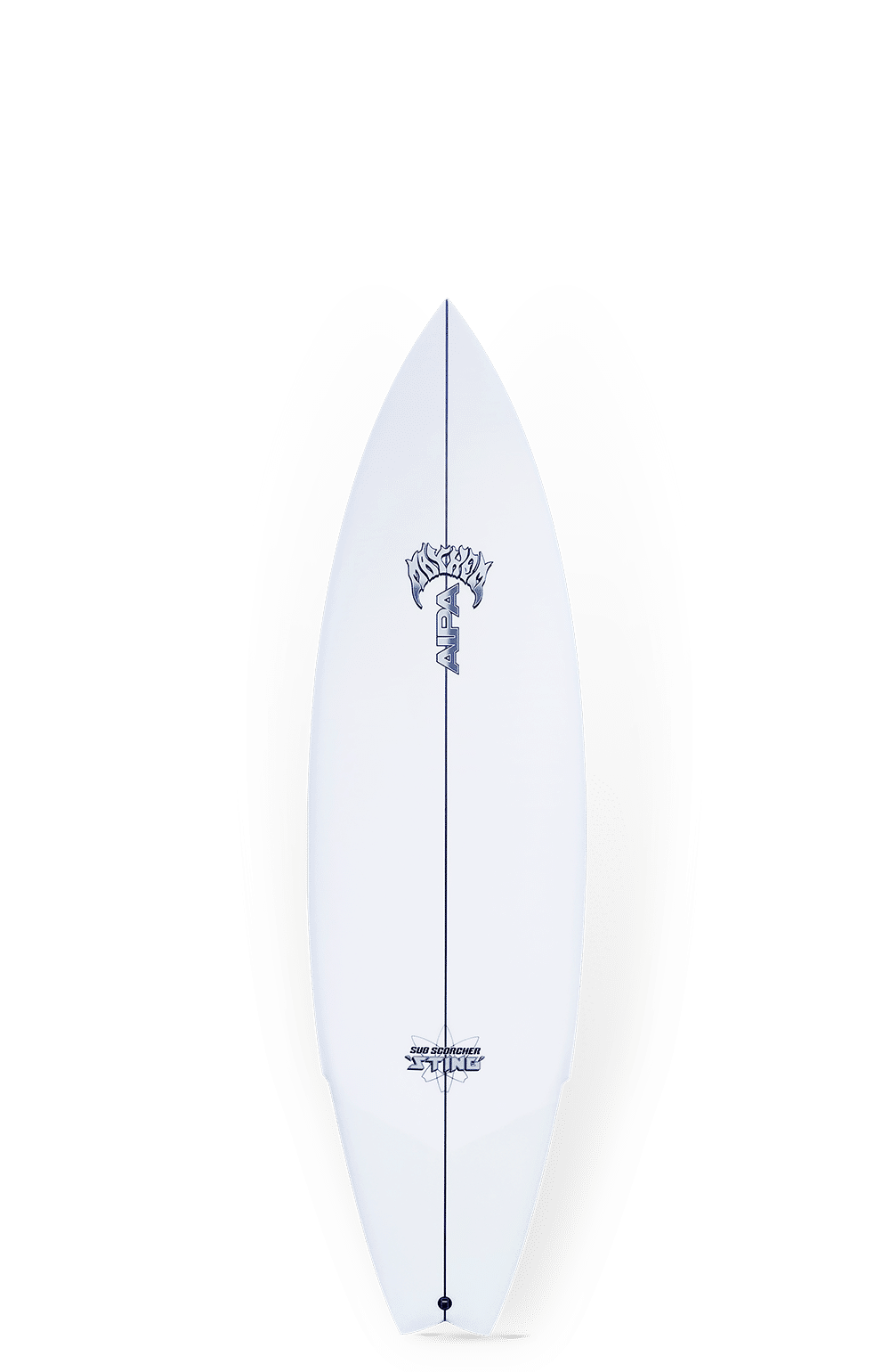 Shapers-Club- La planche de surf AIPA SUB SCORCHER STING 5'10" présente des logos et des graphiques noirs et bleus sur fond blanc, avec un nez pointu et une forme profilée. -surfshop-surfboard