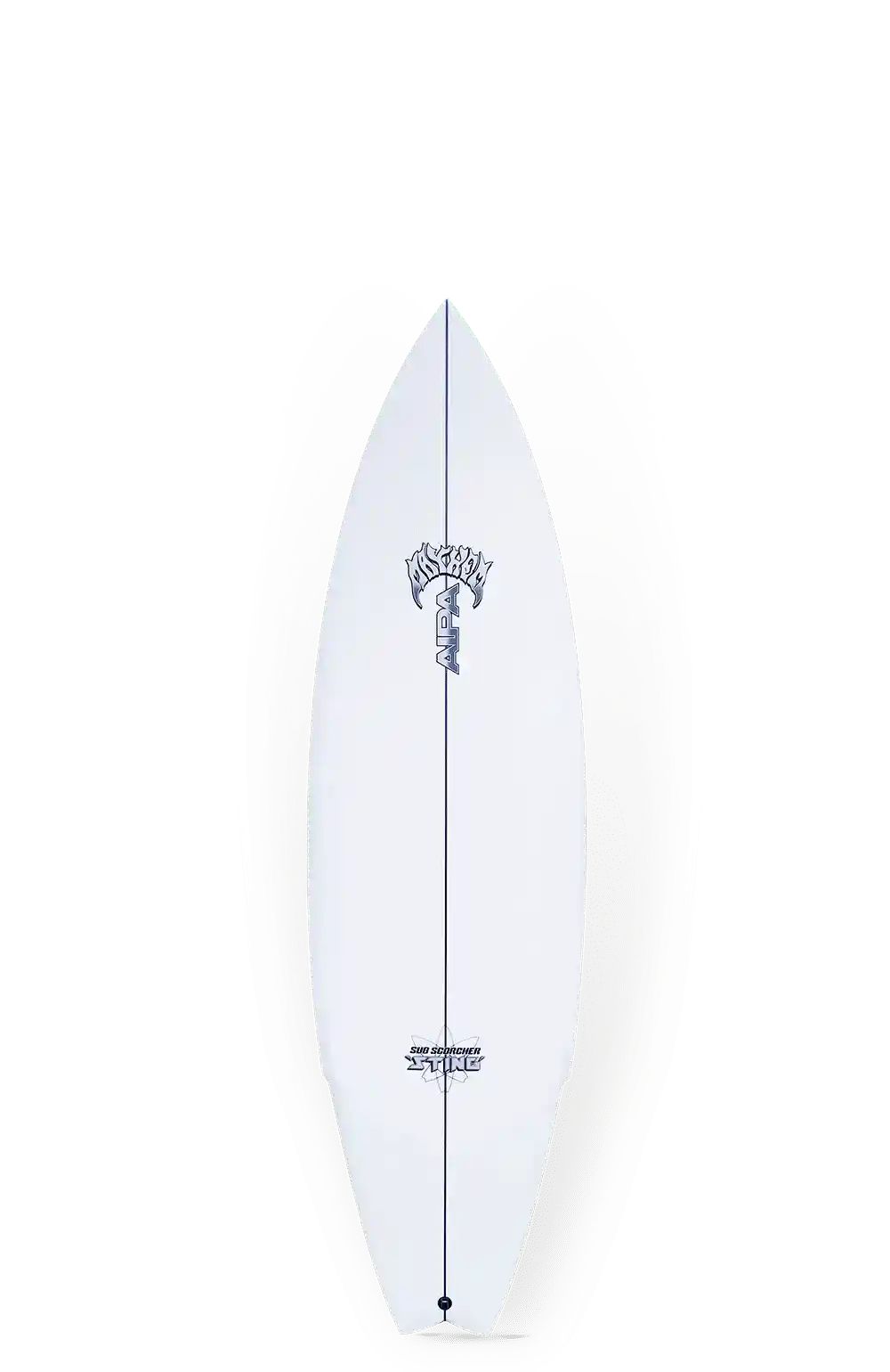 Shapers-Club- La planche de surf AIPA SUB SCORCHER STING 5'10" présente des logos et des graphiques noirs et bleus sur fond blanc, avec un nez pointu et une forme profilée. -surfshop-surfboard