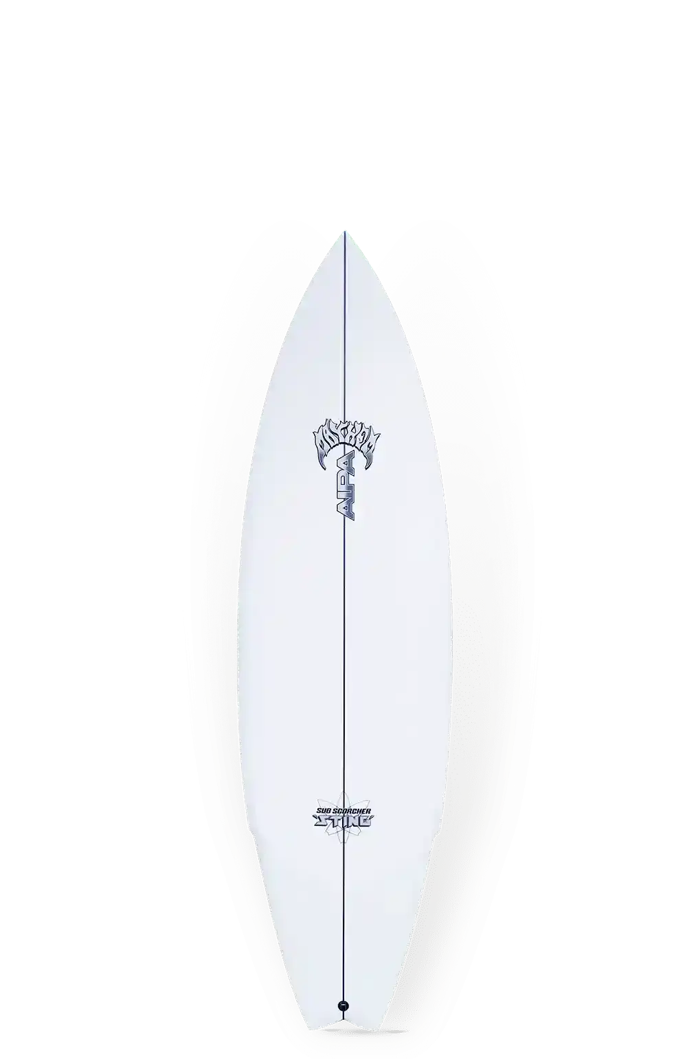 Shapers-Club- La planche de surf AIPA SUB SCORCHER STING 5'10" présente des logos et des graphiques noirs et bleus sur fond blanc, avec un nez pointu et une forme profilée. -surfshop-surfboard