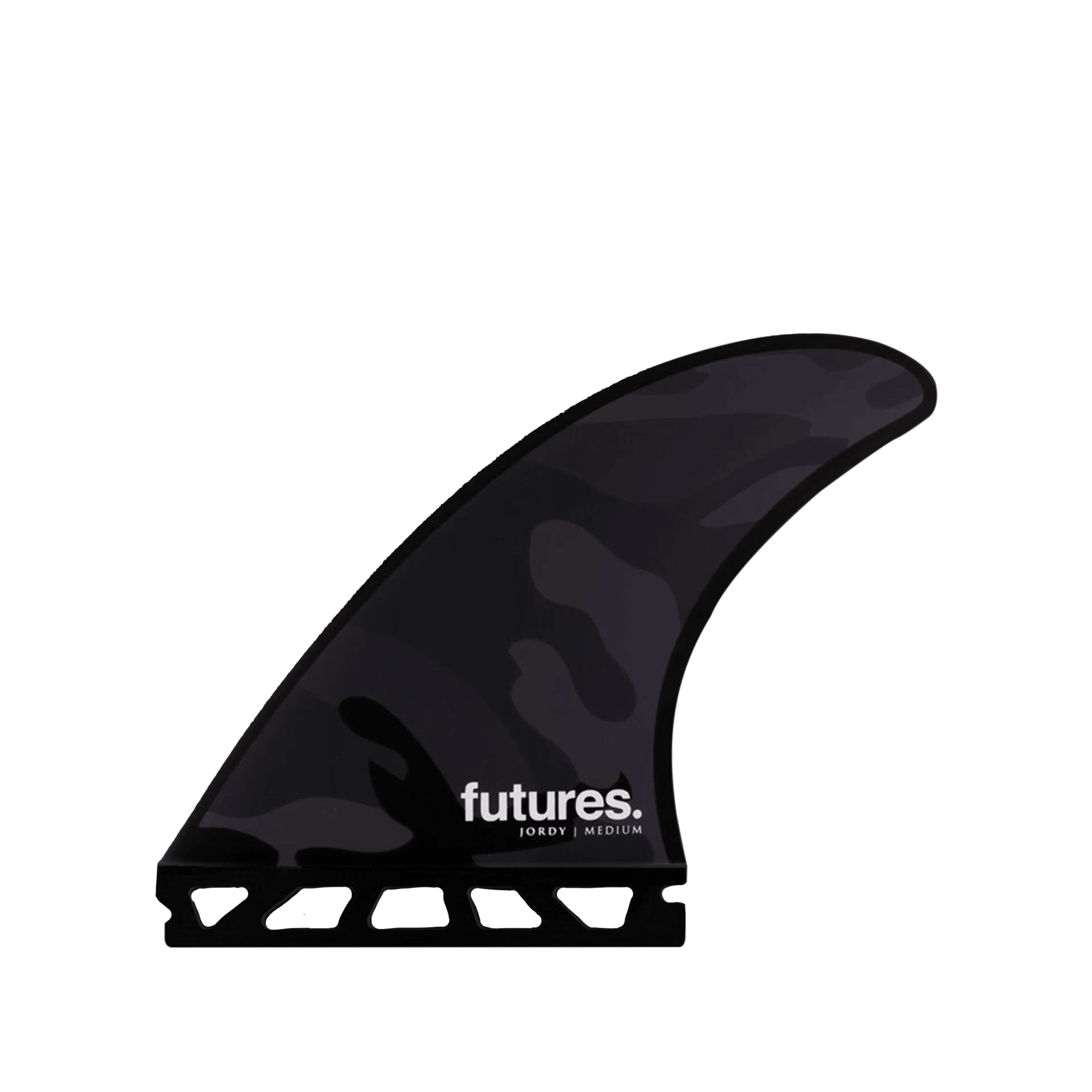 Shapers-Club- Un aileron de planche de surf simple avec un motif camouflage noir et gris foncé, étiqueté « futures. JORDY LARGE » en texte blanc près de la base. Doté du design Jordy Signature, il possède une base à cadre ouvert noire pour une fixation facile à votre configuration de propulseur. Le fond est vert. -surfshop-surfboard