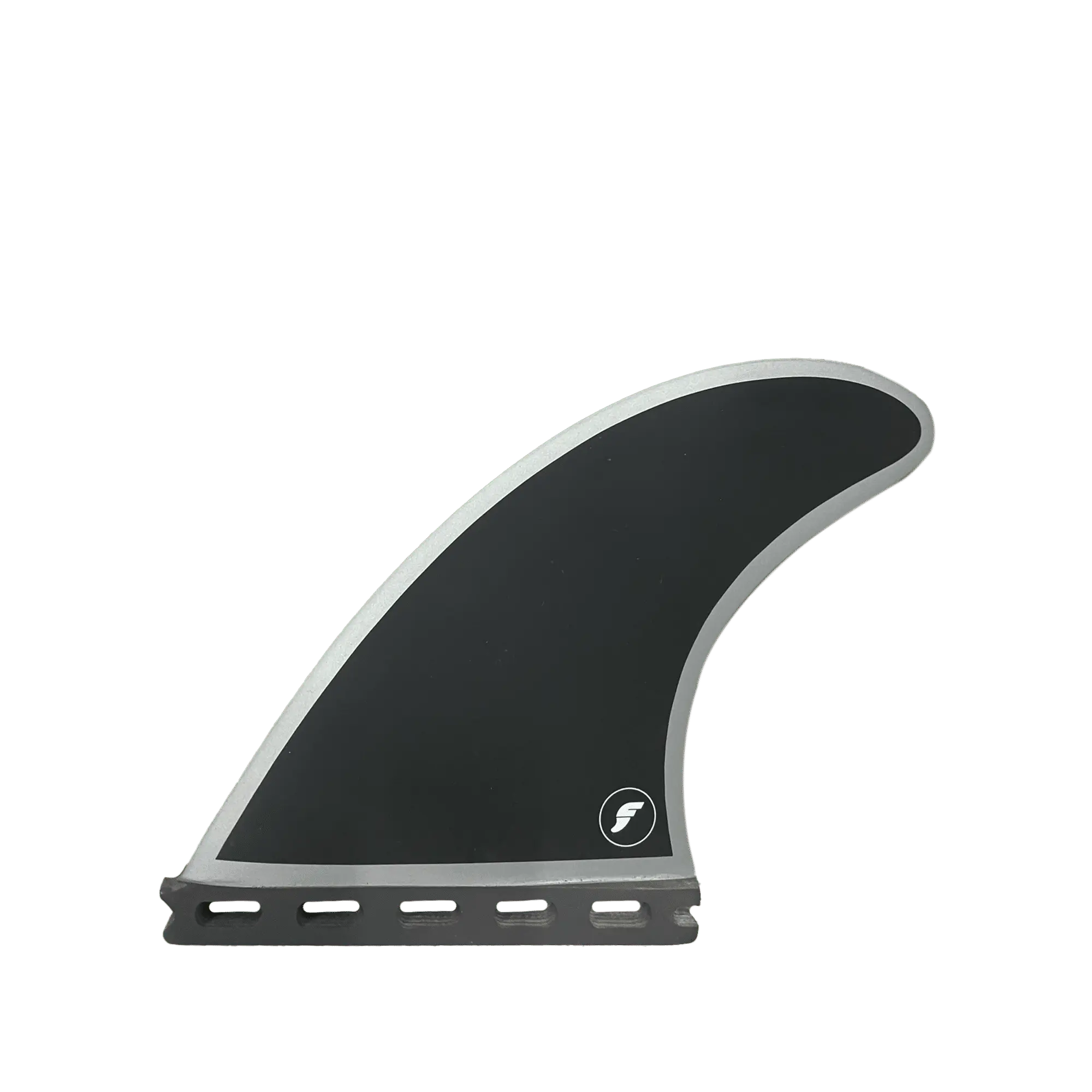 Shapers-Club- Aileron de planche de surf simple de la série Futures Legacy, modèle Honeycomb Thruster, doté d'un design noir élégant accentué par une bordure blanche sur ses bords. L'aileron arbore un petit logo près de sa base et est conçu pour être facilement fixé au bas d'une planche de surf à l'aide du connecteur à fente visible sur sa partie inférieure. -surfshop-surfboard