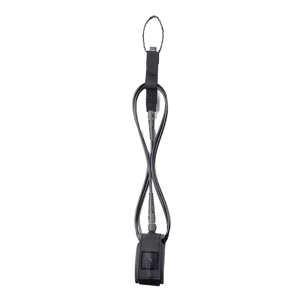 Shapers-Club- Le 6.0 COMP LEASH SURF GRIP en noir présente un design spiralé et une sangle de cheville rembourrée, offrant une connexion sécurisée entre le surfeur et la planche de surf. -surfshop-surfboard
