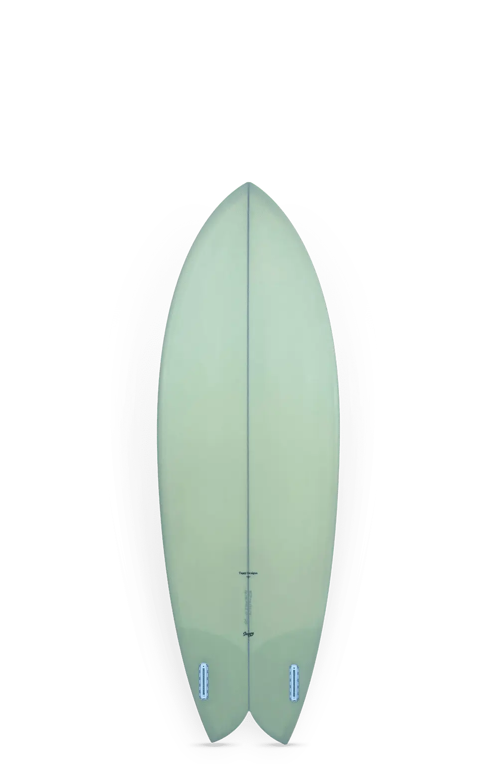 Shapers-Club- La planche de surf Glass Fish II - 5'10" x 21" x 2 3/4" présente une finition vert clair, des ailerons jumeaux et une queue d'hirondelle, représentée verticalement sur un fond uni. -surfshop-surfboard