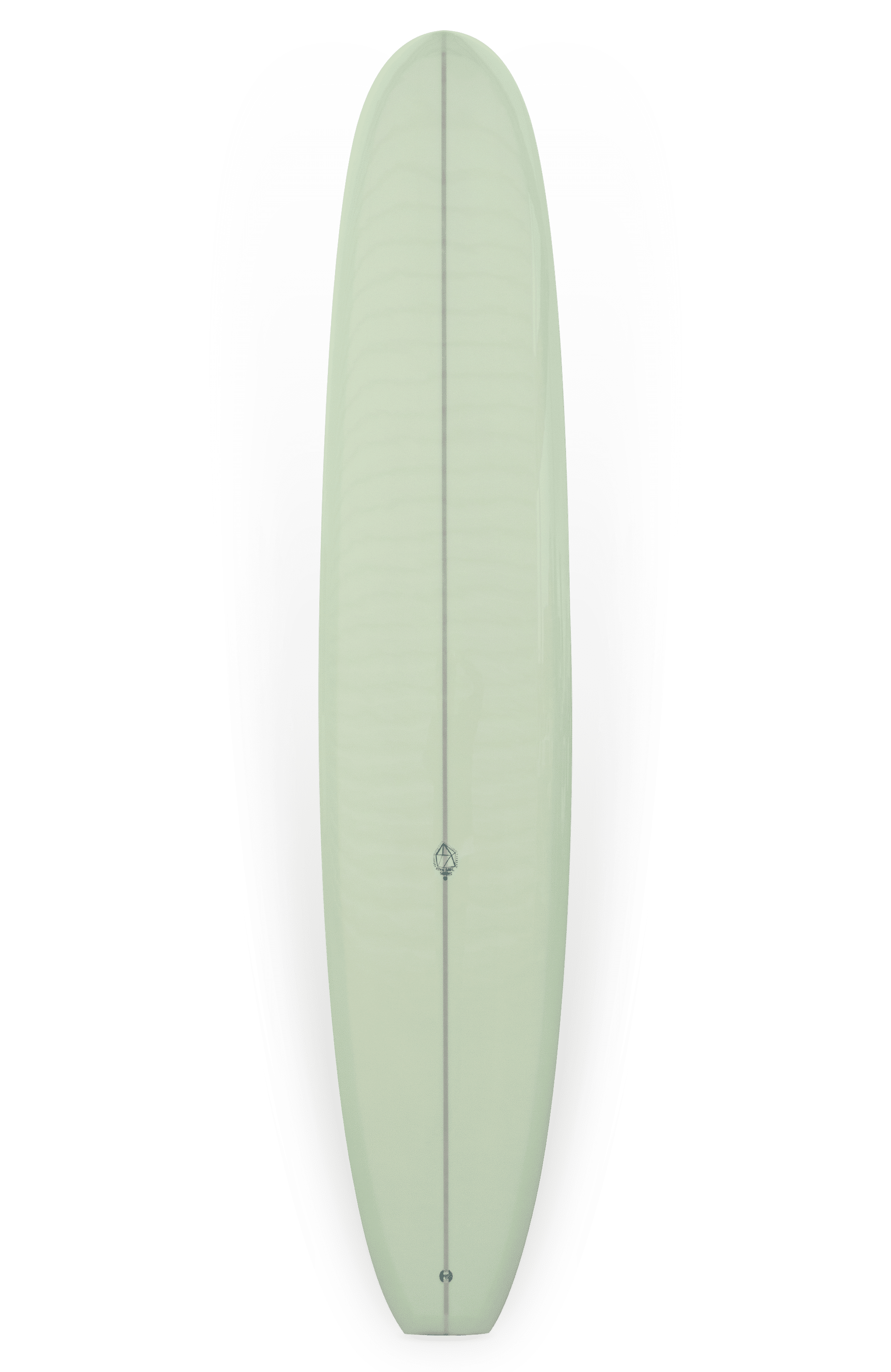 Shapers-Club- Vue aérienne du Dead Kooks - Casbah 9'6" x 22' 3/4" x 2' 3/4", qui présente une teinte vert clair. Cette planche de surf longboard présente une finition lisse, un nez légèrement arrondi et une configuration à une seule dérive. Un longeron central s'étend sur toute sa longueur sur un fond blanc pur. -surfshop-surfboard