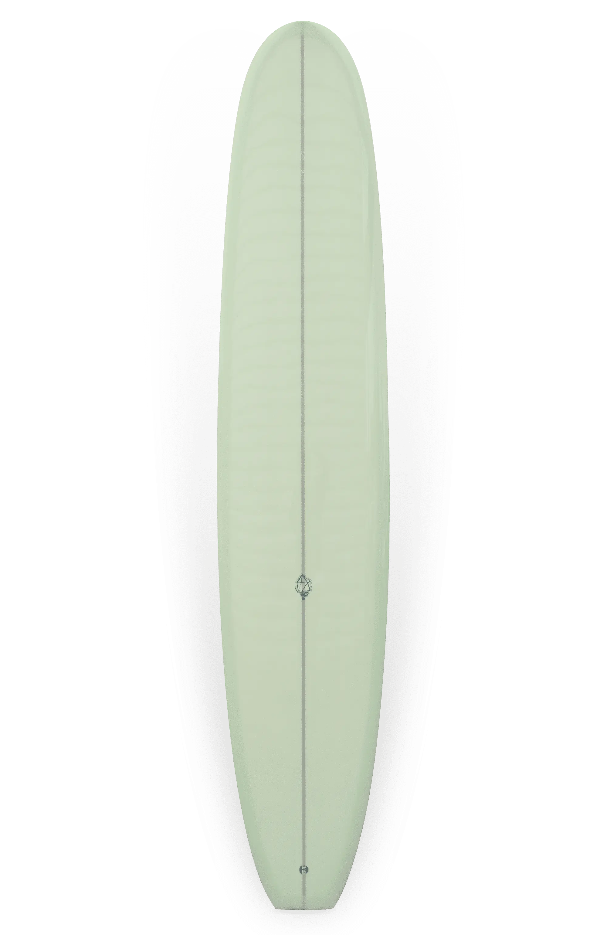 Shapers-Club- Vue aérienne du Dead Kooks - Casbah 9'6" x 22' 3/4" x 2' 3/4", qui présente une teinte vert clair. Cette planche de surf longboard présente une finition lisse, un nez légèrement arrondi et une configuration à une seule dérive. Un longeron central s'étend sur toute sa longueur sur un fond blanc pur. -surfshop-surfboard