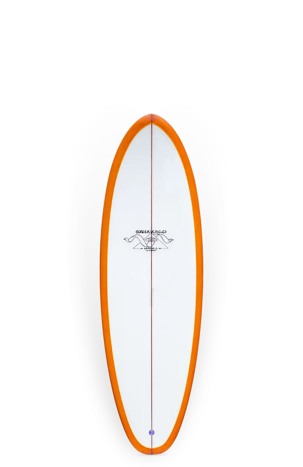 Shapers-Club- La planche de surf Mini Light Vehicle, mesurant 5'8" x 21' 1/4" x 2' 5/8", présente un contour orange et un centre blanc, accentué par un logo noir. L'arrière-plan simple met l'accent sur les dimensions de la planche, la faisant ressortir. -surfshop-surfboard