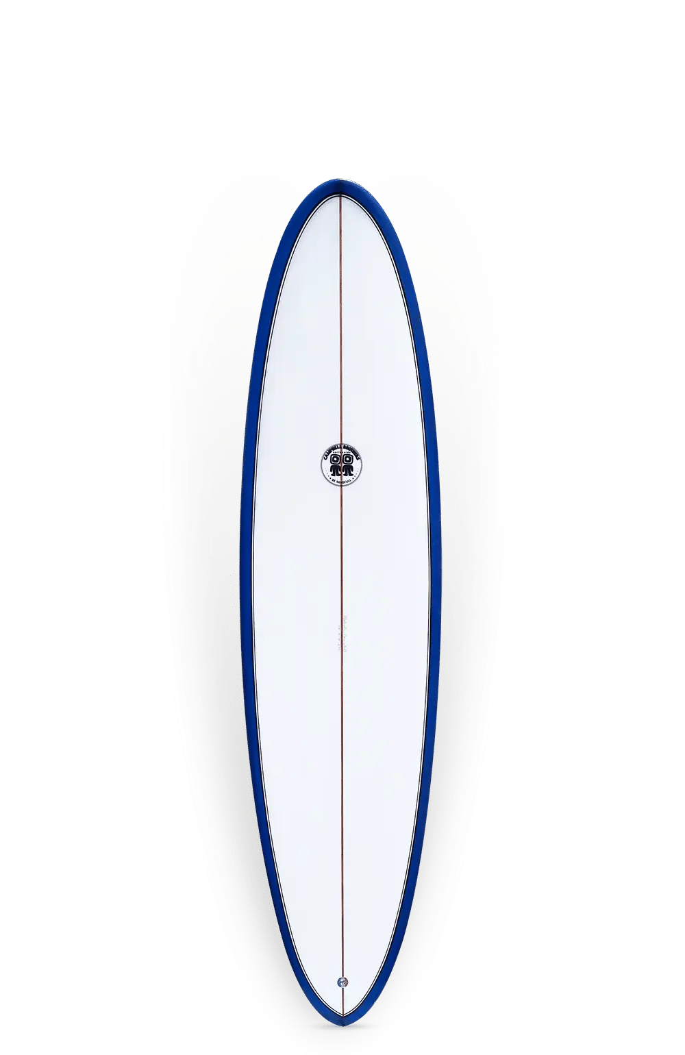 Shapers-Club- Une vue de dessus de la planche de surf Egg, mesurant 7'0" x 21' 1/4" x 2' 3/4", révèle son design blanc avec un contour bleu et une bande rouge verticale centrale. La planche comprend un logo central et ses dimensions élégantes sont présentées sur un fond blanc. -surfshop-surfboard