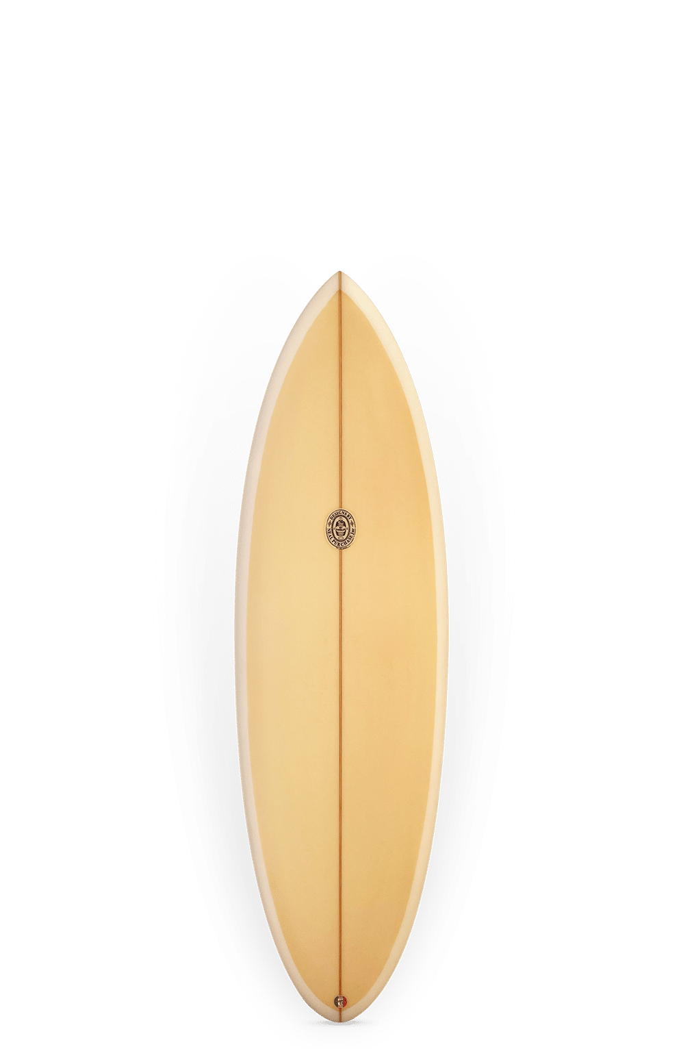 Shapers-Club- La Chippa Twin + 1 - 5'6" x 20" x 2 5/8" est une planche de surf jaune avec un bord blanc et une fine bande centrale marron, affichée verticalement sur un fond uni avec de subtiles ombres latérales grises et noires. -surfshop-surfboard