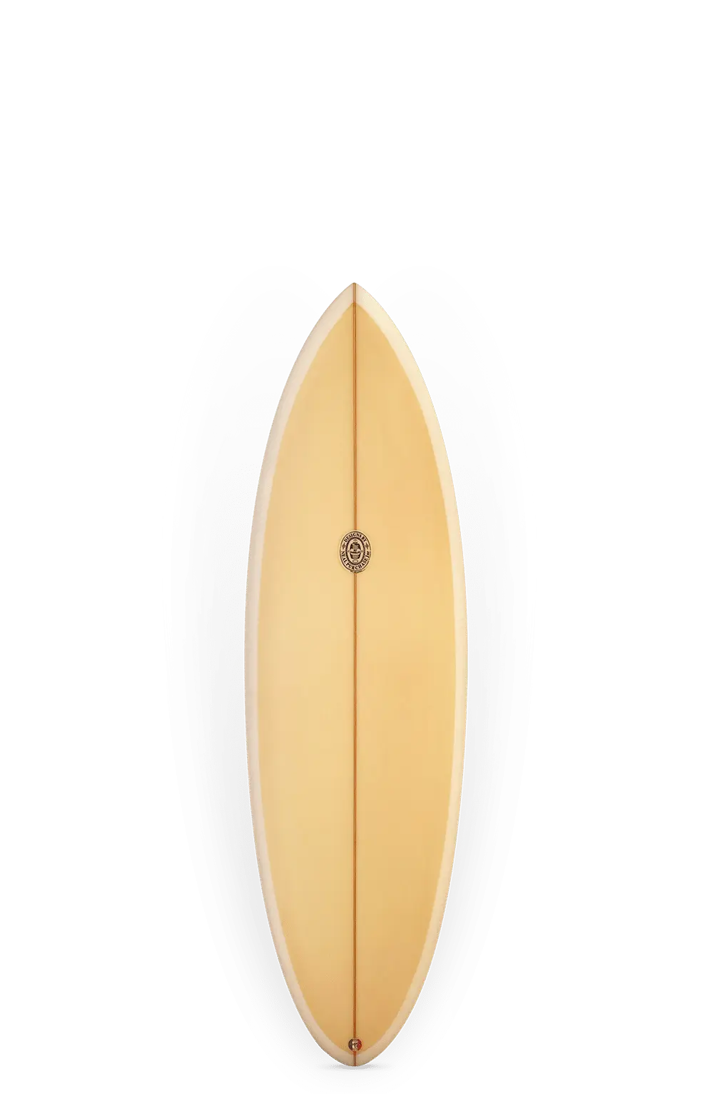 Shapers-Club- La Chippa Twin + 1 - 5'6" x 20" x 2 5/8" est une planche de surf jaune avec un bord blanc et une fine bande centrale marron, affichée verticalement sur un fond uni avec de subtiles ombres latérales grises et noires. -surfshop-surfboard