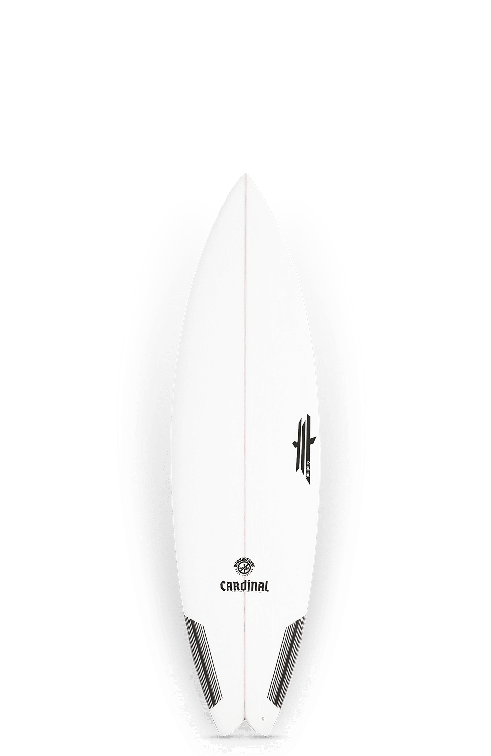 Shapers-Club- Image de la planche de surf Workbreaker, blanche avec des bords noirs et gris et un petit logo « Cardinal » près du nez. Avec son design épuré et sa capacité de 31 L, elle est parfaite pour les amateurs de surf à la recherche de performances optimales. Dimensions : 6'0" x 19 7/8" x 2 1/2". -surfshop-surfboard