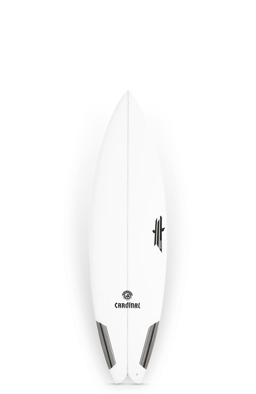 Shapers-Club- Image de la planche de surf Workbreaker, blanche avec des bords noirs et gris et un petit logo « Cardinal » près du nez. Avec son design épuré et sa capacité de 31 L, elle est parfaite pour les amateurs de surf à la recherche de performances optimales. Dimensions : 6'0" x 19 7/8" x 2 1/2". -surfshop-surfboard