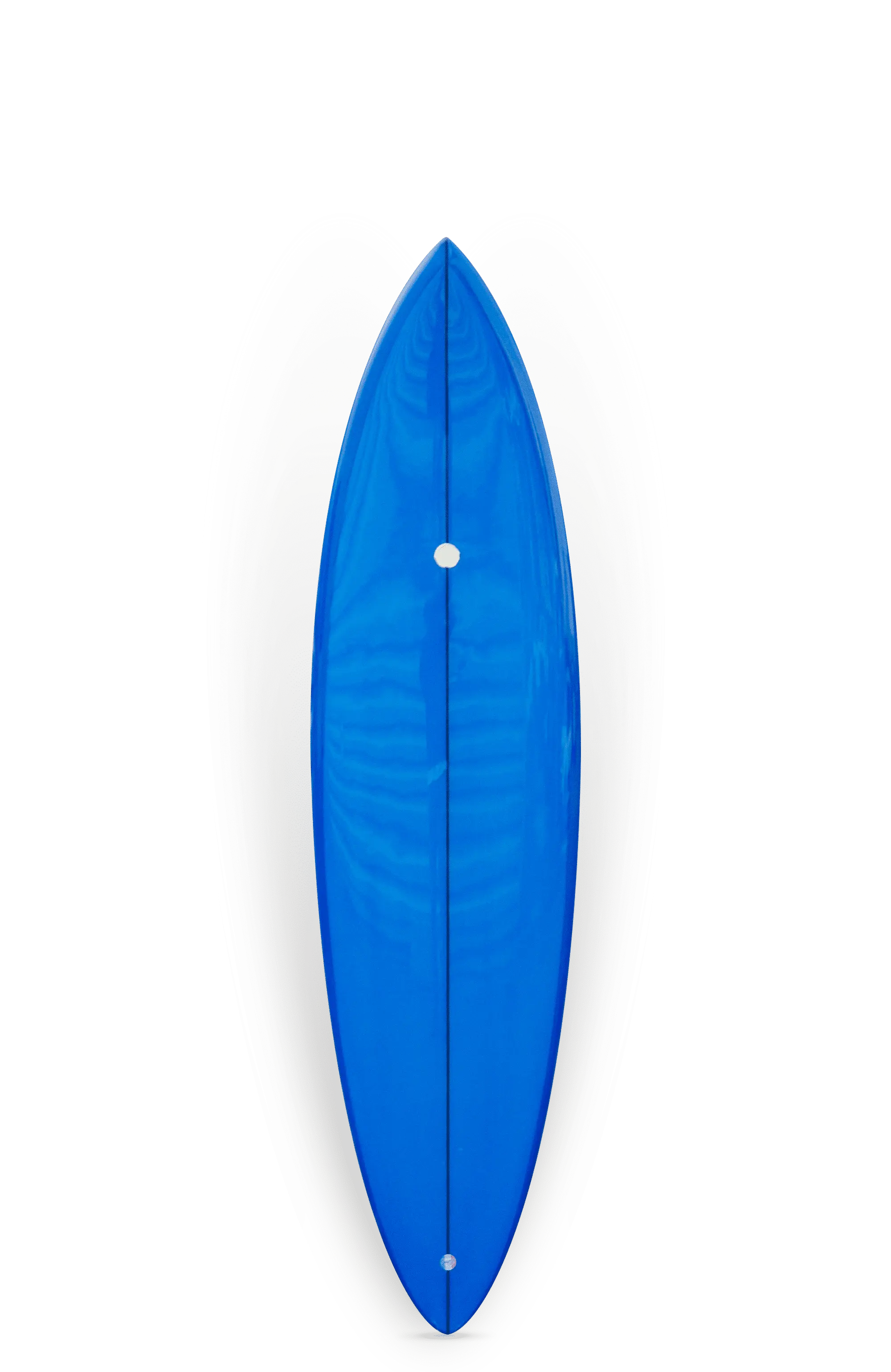 Shapers-Club- Un Topper mesurant 6'1" x 20' 1/2" x 2' 13/16" présente une surface ovale bleue brillante avec des points blancs symétriques, accentués par une structure transparente en forme de pétale, lui donnant une présence élégante sur un fond uni. -surfshop-surfboard
