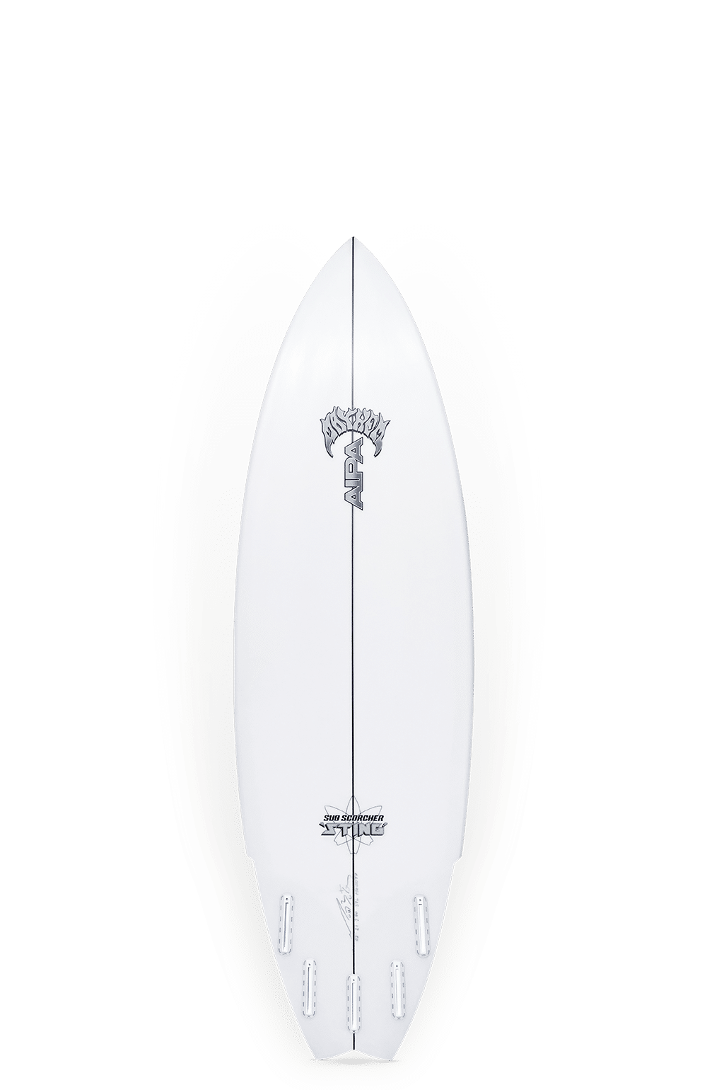 Shapers-Club- La planche de surf AIPA SUB SCORCHER STING, mesurant 5'10" x 20" x 2 5/8" avec un volume de 31,5L, présente un dessus blanc avec des graphiques et du texte noirs. Il a un nez pointu, une queue arrondie et plusieurs fentes pour ailerons pour un surf polyvalent. -surfshop-surfboard
