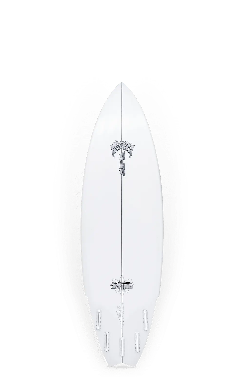 Shapers-Club- La planche de surf AIPA SUB SCORCHER STING, mesurant 5'10" x 20" x 2 5/8" avec un volume de 31,5L, présente un dessus blanc avec des graphiques et du texte noirs. Il a un nez pointu, une queue arrondie et plusieurs fentes pour ailerons pour un surf polyvalent. -surfshop-surfboard