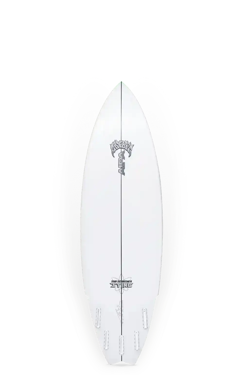 Shapers-Club- La planche de surf AIPA SUB SCORCHER STING, mesurant 5'10" x 20" x 2 5/8" avec un volume de 31,5L, présente un dessus blanc avec des graphiques et du texte noirs. Il a un nez pointu, une queue arrondie et plusieurs fentes pour ailerons pour un surf polyvalent. -surfshop-surfboard