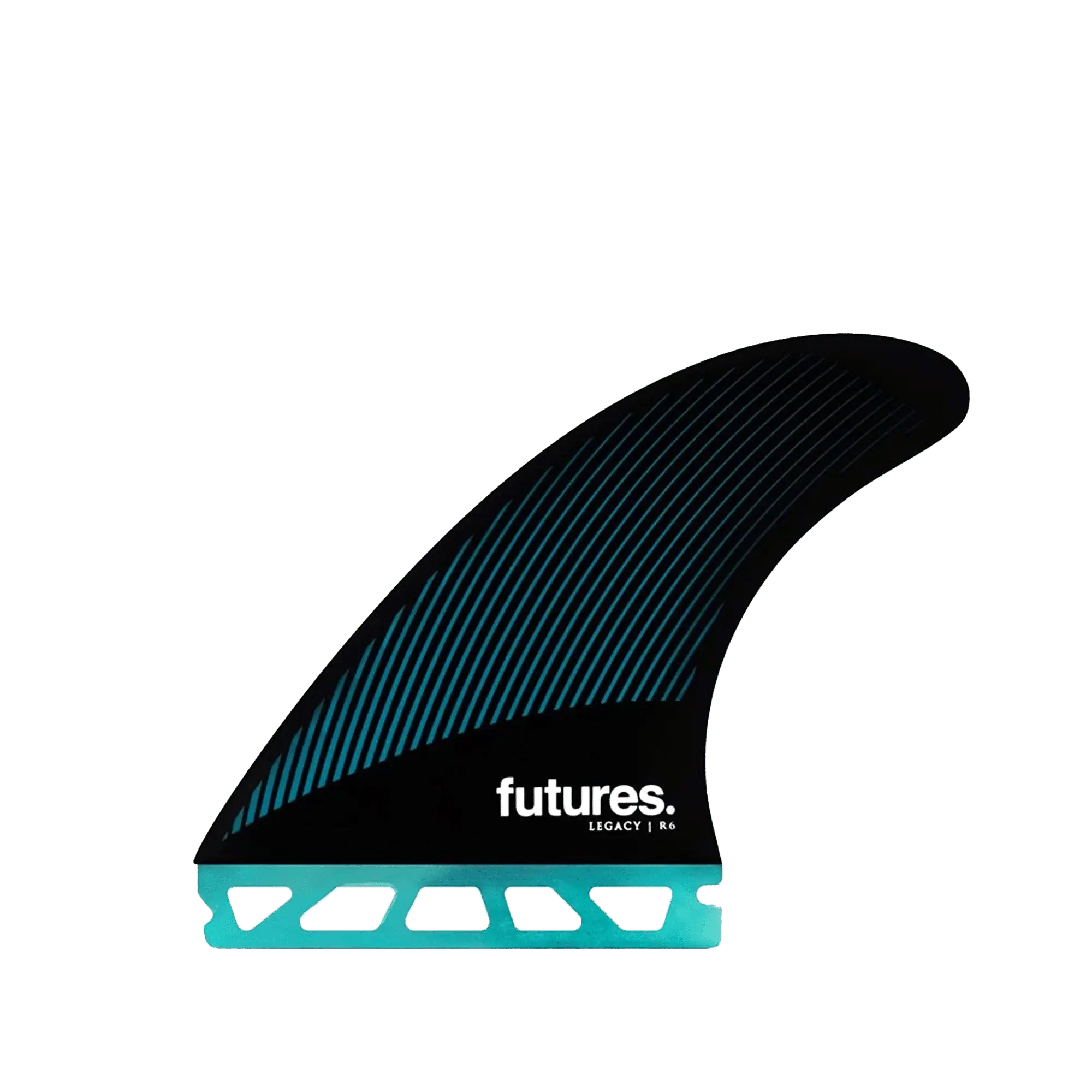 Shapers-Club- Un aileron de planche de surf bleu sarcelle et noir avec le nom de la marque « futures » et « LEGACY I R4 » écrit dessus. L'aileron, qui fait partie de la collection Small 2022, présente un design dégradé à rayures et une découpe à la base pour la fixation. Le fond est vert uni. -surfshop-surfboard