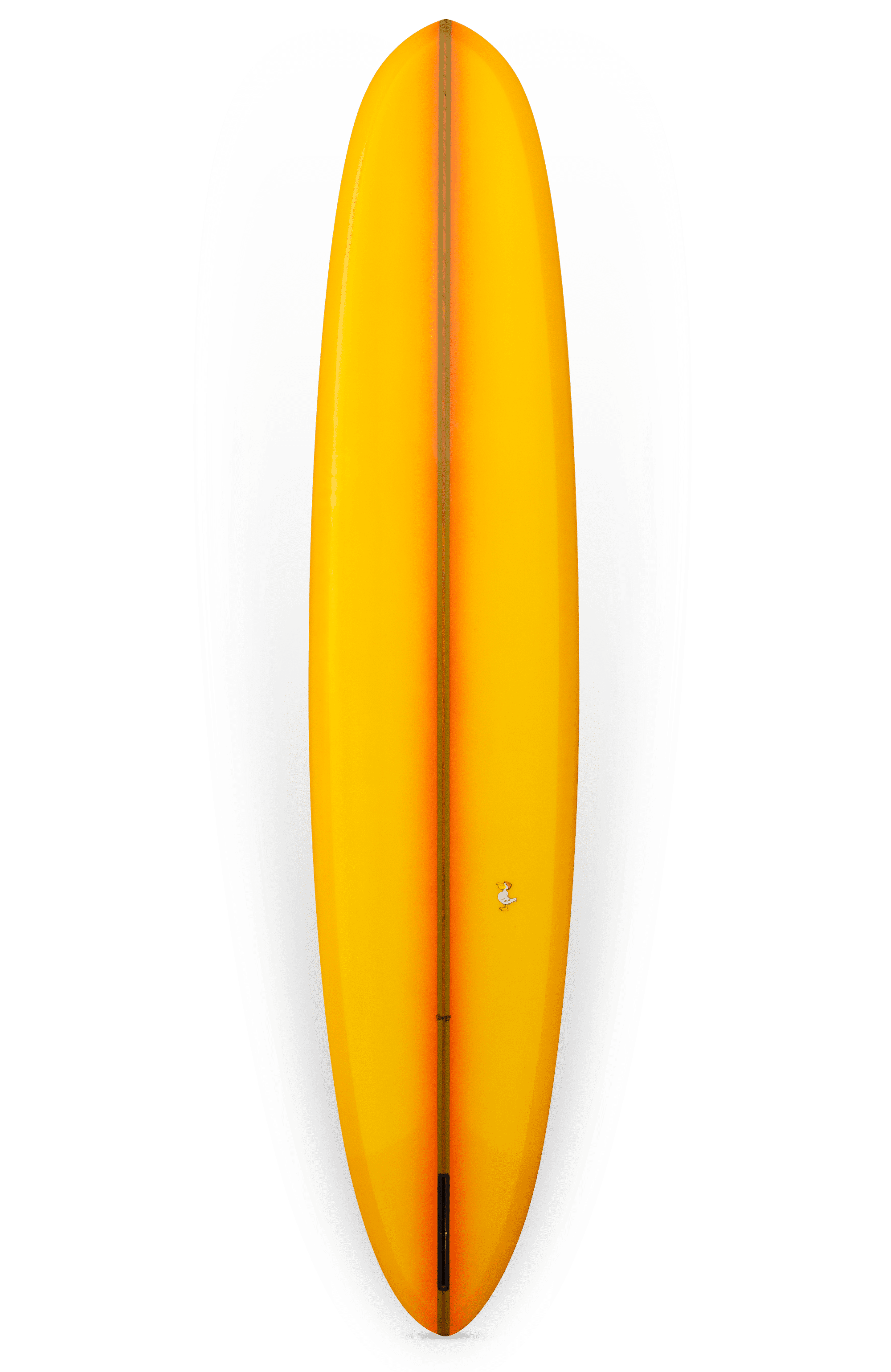 Shapers-Club- Vue de dessus d'une planche de surf jaune vif avec une finition lisse. La planche de surf Barrett Miller - The Personnal 9'7" x 23" x 3' 1/4" présente une bande rouge sur toute la longueur au milieu et un petit logo vers une extrémité. La queue arrondie et le design élégant lui confèrent une apparence moderne et aérodynamique. -surfshop-surfboard