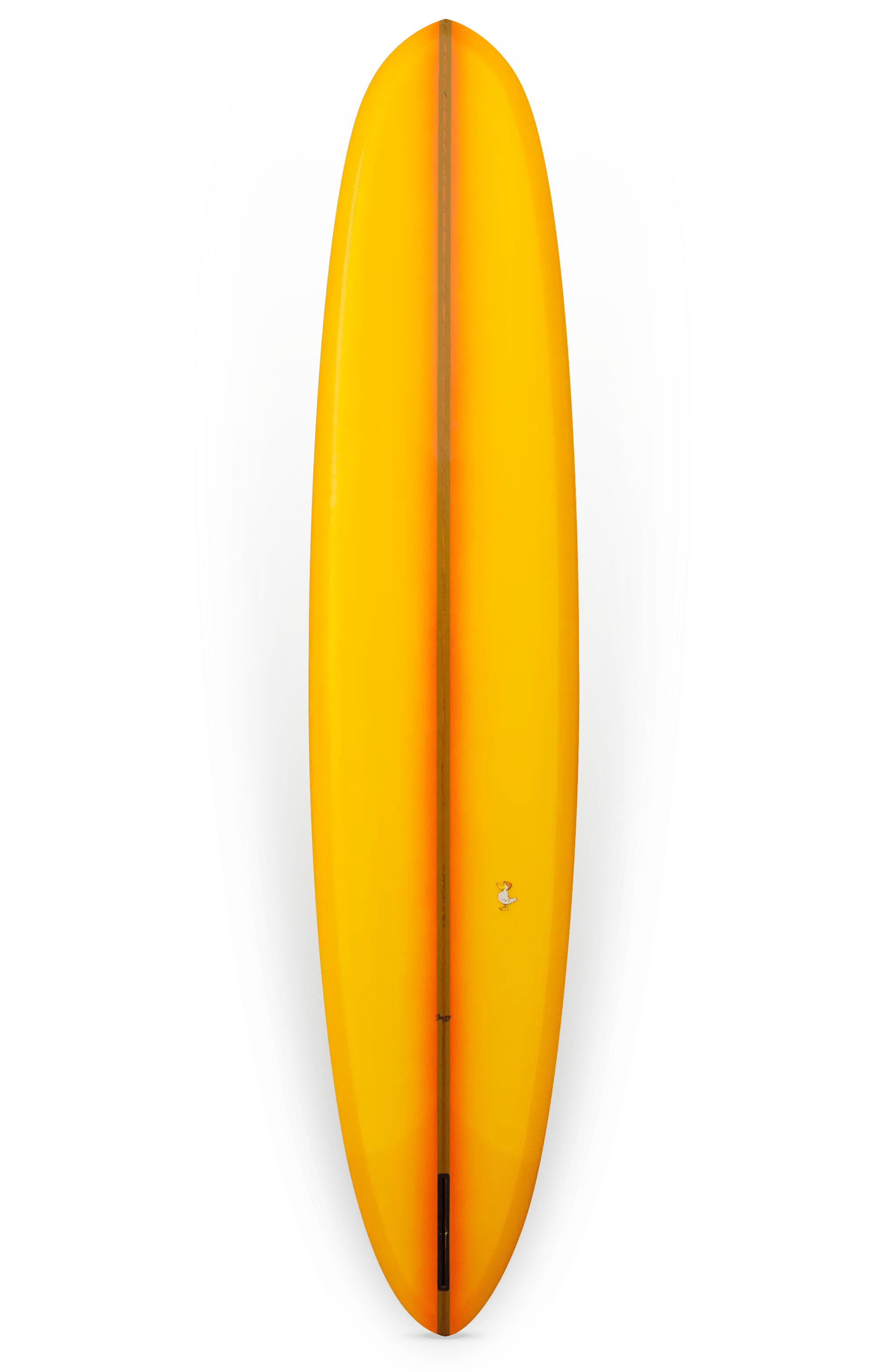 Shapers-Club- Vue de dessus d'une planche de surf jaune vif avec une finition lisse. La planche de surf Barrett Miller - The Personnal 9'7" x 23" x 3' 1/4" présente une bande rouge sur toute la longueur au milieu et un petit logo vers une extrémité. La queue arrondie et le design élégant lui confèrent une apparence moderne et aérodynamique. -surfshop-surfboard