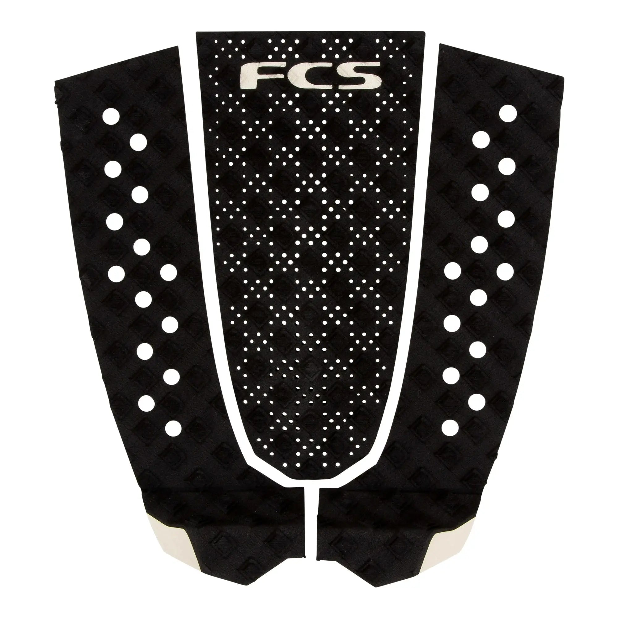 Shapers-Club- Le pad de traction pour planche de surf FCS - GRIP ECO - T3 - Noir présente un motif en losanges et un logo blanc sur le dessus, avec des découpes circulaires sur les panneaux latéraux pour une meilleure adhérence. Ce modèle de la série T3 allie sans effort style et fonctionnalité. -surfshop-surfboard