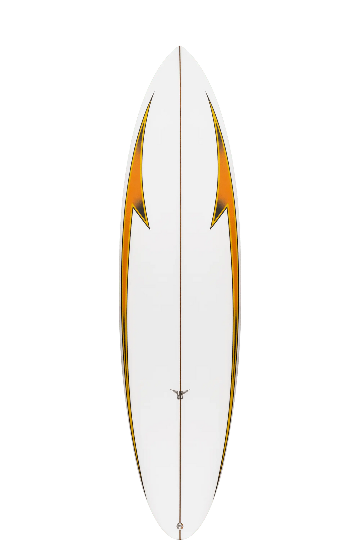 Shapers-Club- La planche de surf Channel twin 7'4" x 21' 1/2" x 2' 3/4", dotée d'un design blanc élégant accentué de motifs dynamiques jaunes et orange ressemblant à des flammes le long des bords, est savamment façonnée pour fendre les vagues et est affichée sur un fond uni. -surfshop-surfboard