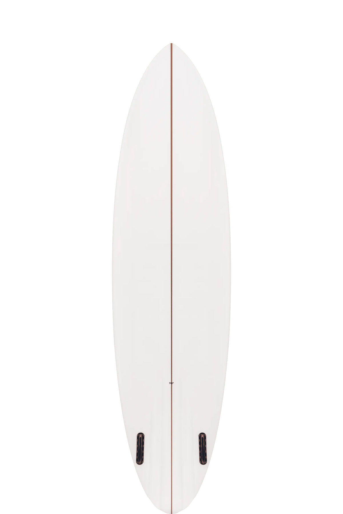Shapers-Club- Une planche de surf Channel twin élégante et minimaliste de 7'4" x 21' 1/2" x 2' 3/4" avec une forme ovale et deux boîtiers d'ailerons est placée sur un fond blanc, offrant des performances et un style améliorés pour chaque surfeur de vagues. -surfshop-surfboard