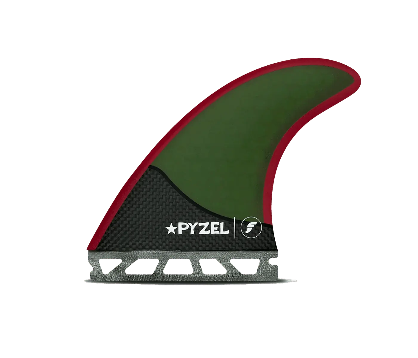 Shapers-Club- Aileron de planche de surf Futures Fins - Pyzel Medium RTM avec un corps noir et vert, mis en valeur par un contour rouge le long du bord incurvé. L'aileron présente un motif en fibre de carbone sur la partie inférieure et affiche le logo Pyzel à côté d'une autre icône sur le côté. Ce design élégant et moderne est compatible avec les configurations RTM moyennes. -surfshop-surfboard