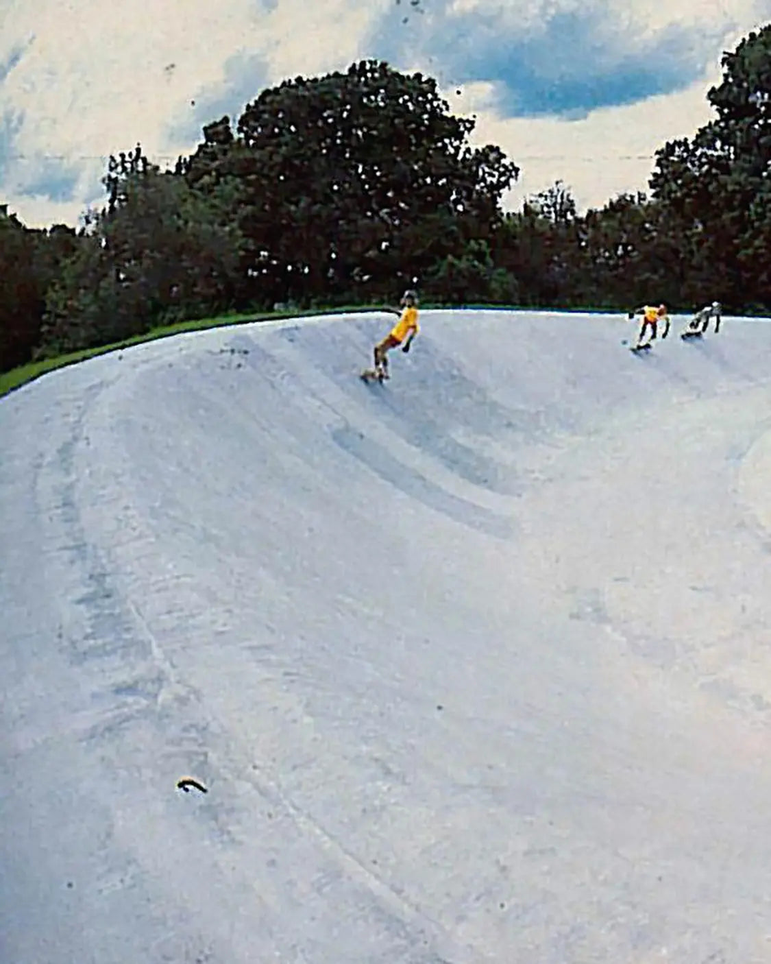 Shapers-Club- Les skateurs glissent sans effort sur un SurfSkate complet - Noir de 28 pouces de Gordon & Smith dans un grand skatepark en béton incurvé. Avec des arbres et un ciel nuageux en toile de fond, ils savourent la journée ensoleillée vêtus de vêtements décontractés. -surfshop-surfboard