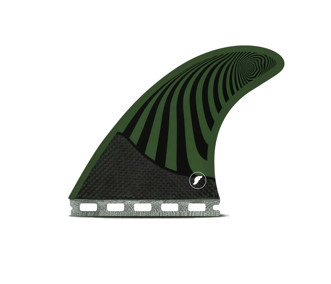 Shapers-Club- Le Futures Fins - Pyzel Medium RTM est un aileron de planche de surf accrocheur doté d'un design rayé vert et noir saisissant. La base, en fibre de carbone avec un motif en nid d'abeille, garantit un maintien sûr sur votre planche de surf. Compatible avec les ailerons Futures, ce produit allie harmonieusement style et performance. -surfshop-surfboard