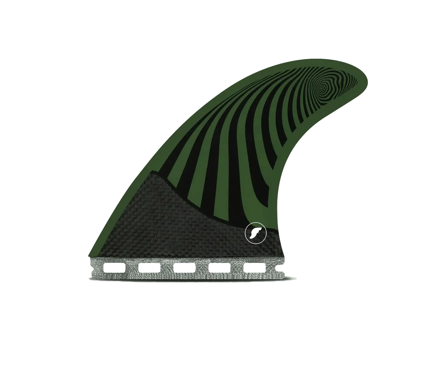 Shapers-Club- Le Futures Fins - Pyzel Medium RTM est un aileron de planche de surf accrocheur doté d'un design rayé vert et noir saisissant. La base, en fibre de carbone avec un motif en nid d'abeille, garantit un maintien sûr sur votre planche de surf. Compatible avec les ailerons Futures, ce produit allie harmonieusement style et performance. -surfshop-surfboard