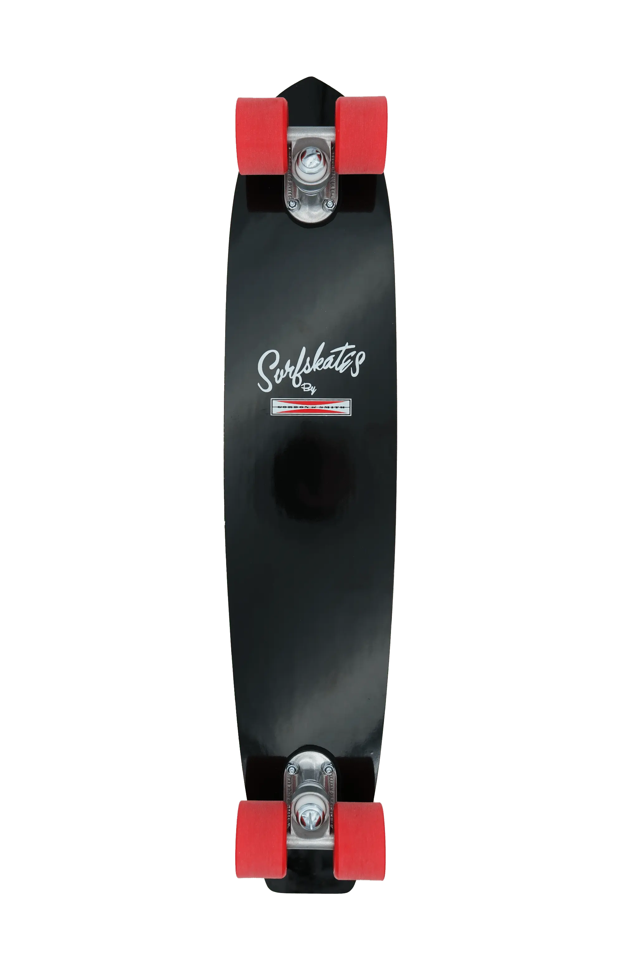Shapers-Club- Un Gordon & Smith 28" Noir SurfSkate complet comprend une planche noire avec des "Surfskates" en blanc, des roues rouges et fait écho au design classique inspiré de Noir. -surfshop-surfboard