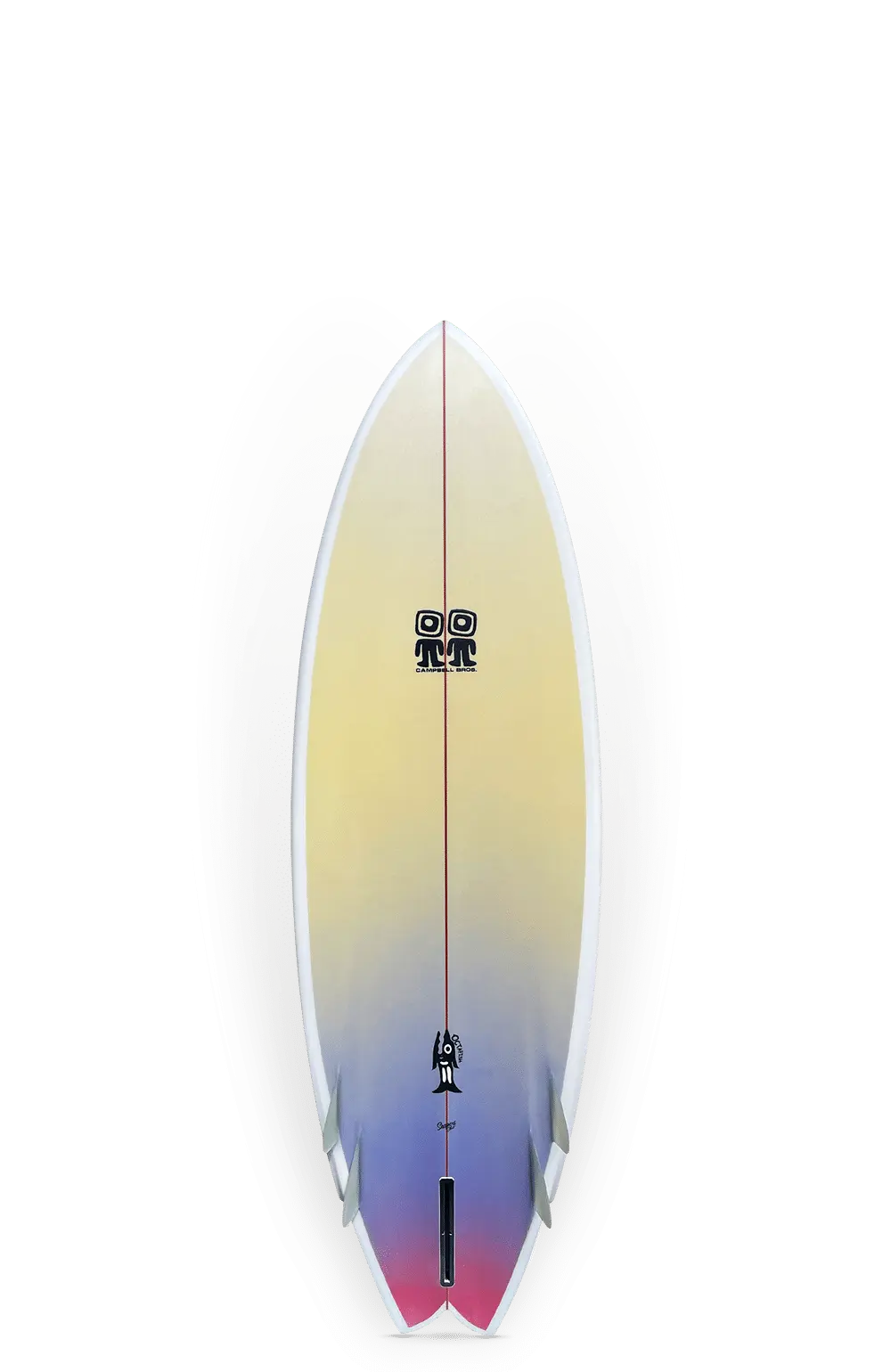 Shapers-Club- Une planche de surf Octafish, mesurant 5'10" x 20' 3/4" x 2' 5/8", présente un design dégradé coloré qui passe du jaune en haut au rose et au violet en bas, avec un emblème distinctif près du centre. -surfshop-surfboard