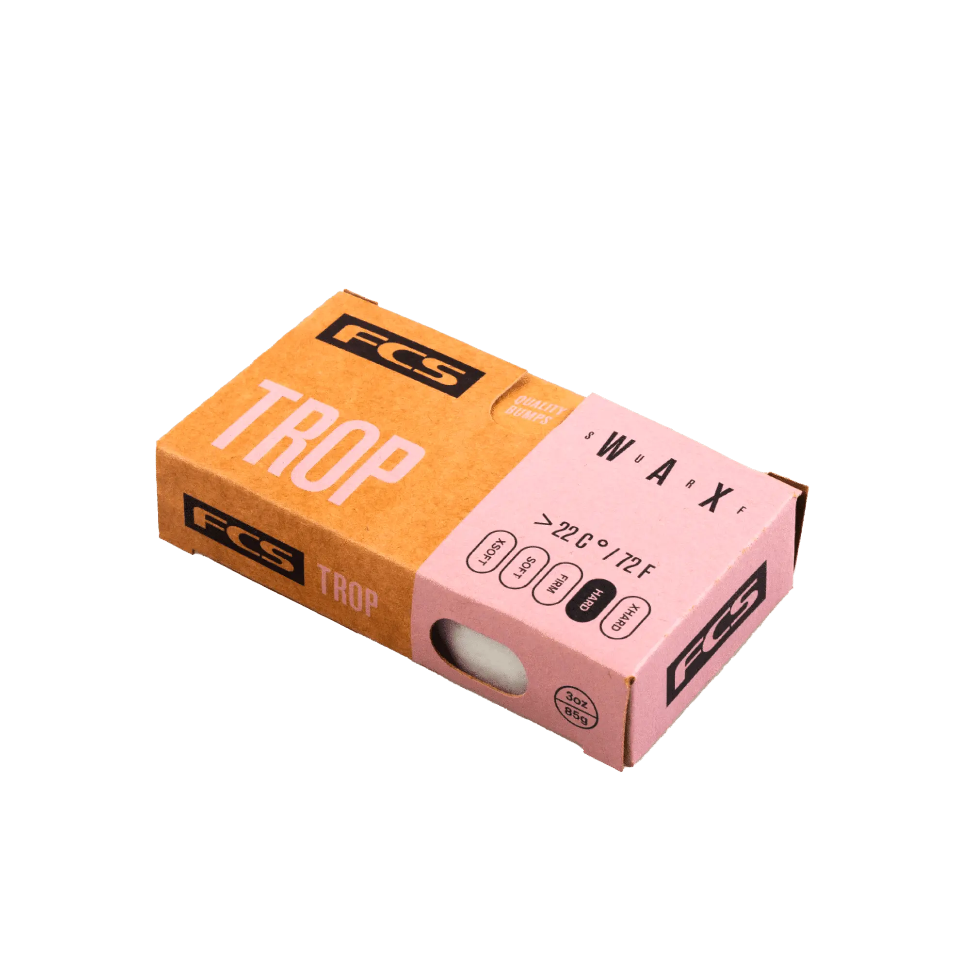 Shapers-Club- Une boîte de cire pour planche de surf FCS - Wax - Trop rectangulaire, bicolore marron et rose est présentée. La boîte comporte des icônes circulaires et des recommandations de température, indiquant qu'elle convient à des températures de 20 °C (72 °F) ou plus. -surfshop-surfboard