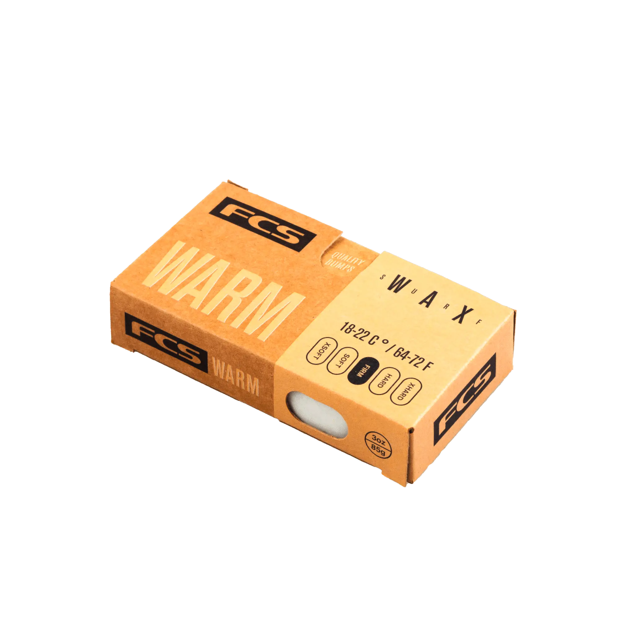 Shapers-Club- Une boîte en carton rectangulaire étiquetée « FCS - Wax - Warm » pour la cire de surf, conçue pour des températures d'eau comprises entre 18 et 22 °C (64 à 72 °F). La boîte à dominante marron présente un texte et une marque noirs, la cire étant visible à travers une petite découpe dans l'emballage. -surfshop-surfboard